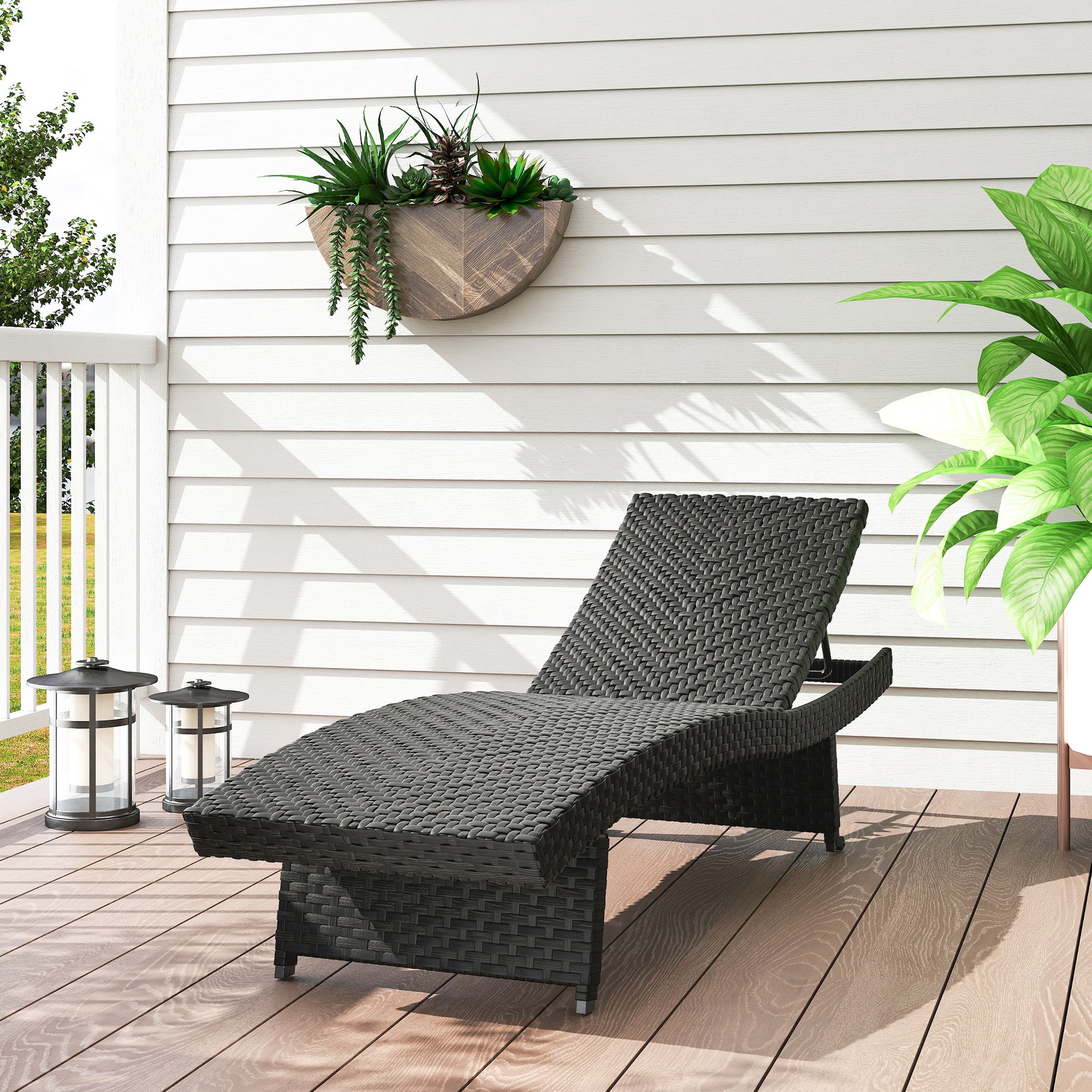 Aosom Rattan Chaise Lounge - Black Folding-DECOROLALA