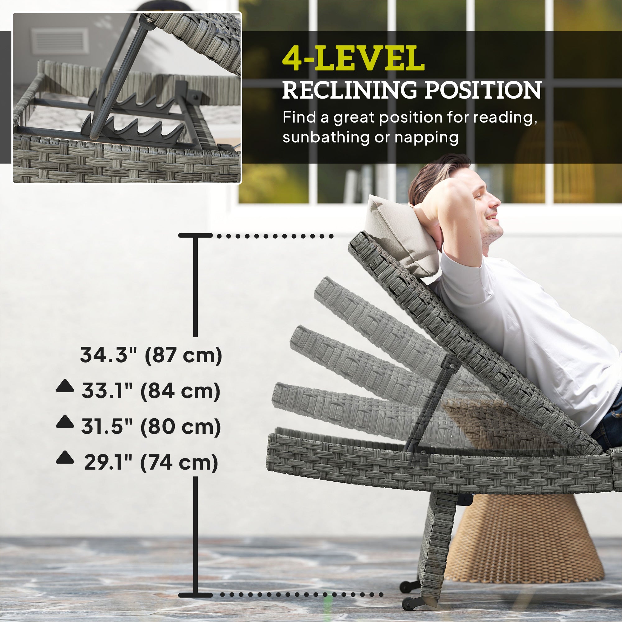 Aosom Rattan Chaise Lounge - Grey Folding 4-Level-DECOROLALA