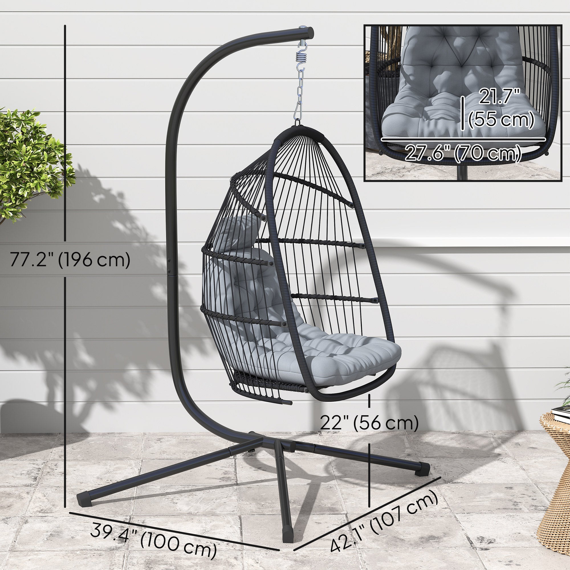 Aosom Rattan Egg Swing Chair Foldable Dark Grey-DECOROLALA
