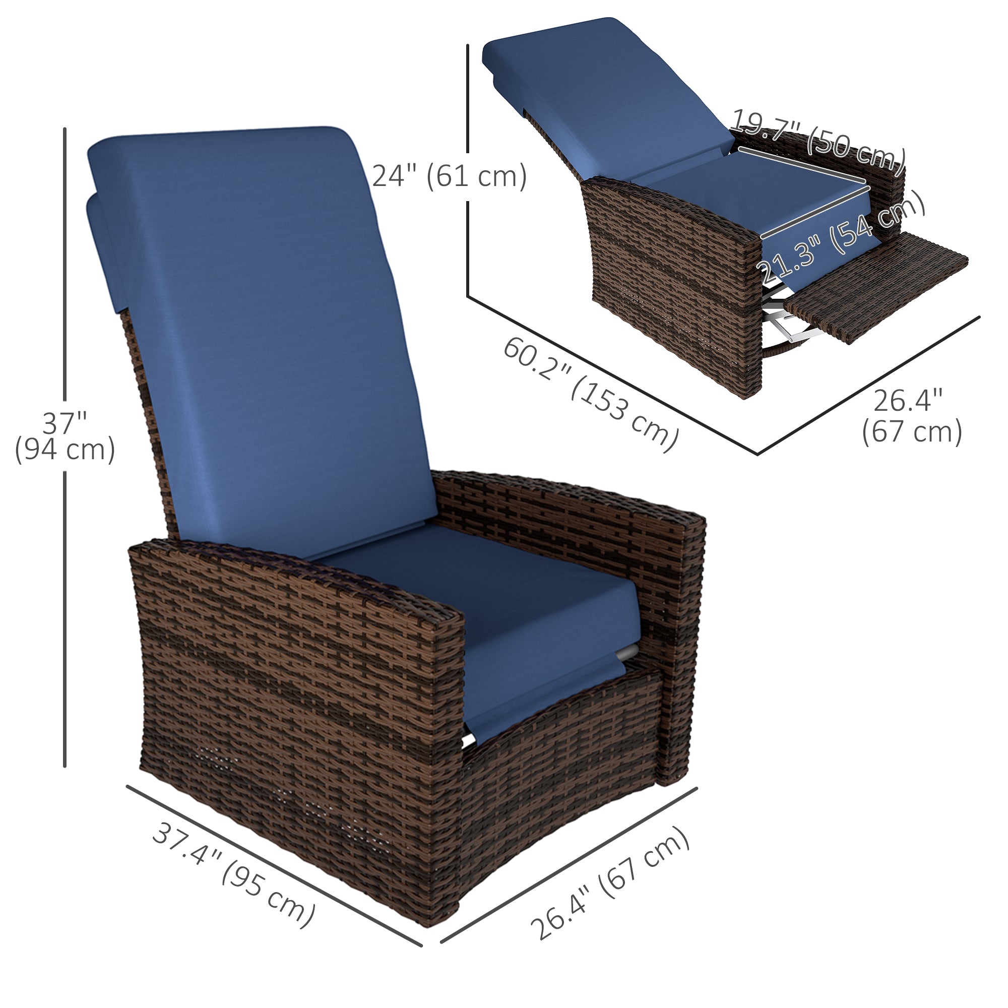 Aosom Rattan Lounge Chair - Dark Blue Swivel Recliner-DECOROLALA