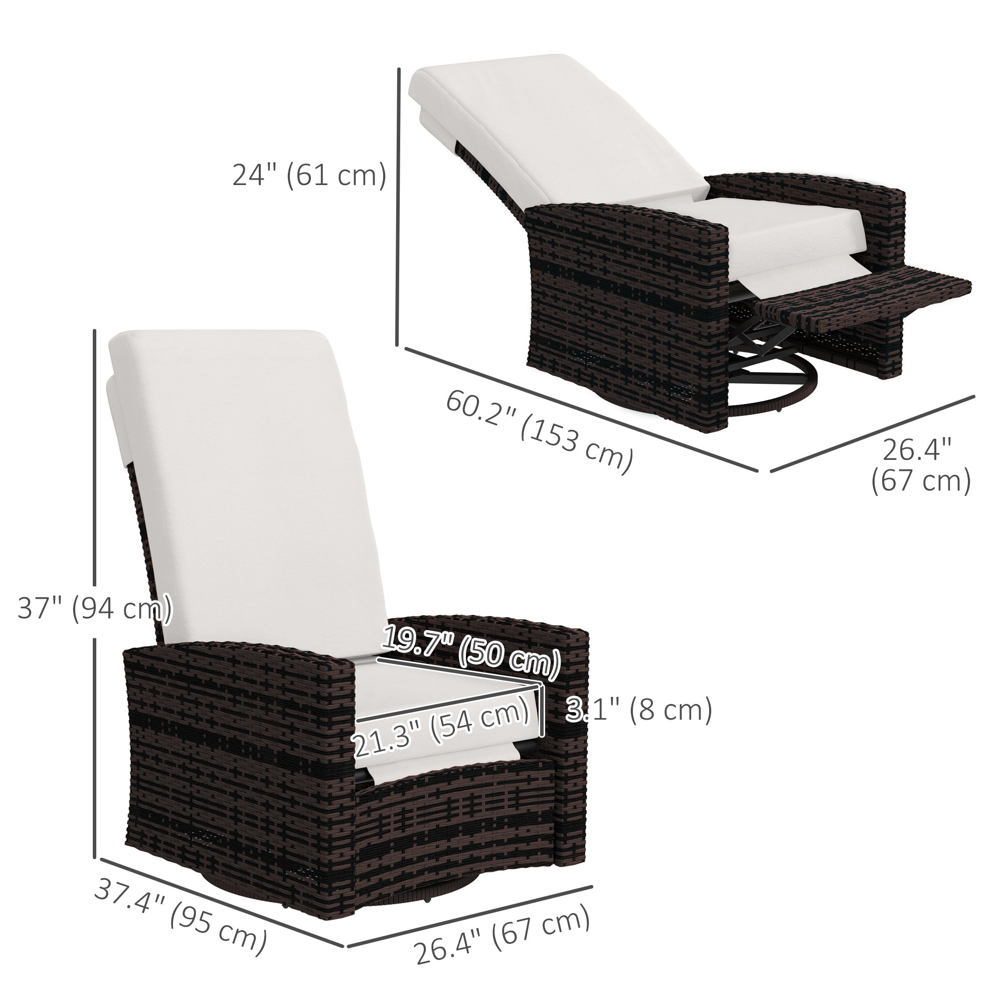 Aosom Rattan Lounge Chair Swivel Recliner Khaki-DECOROLALA