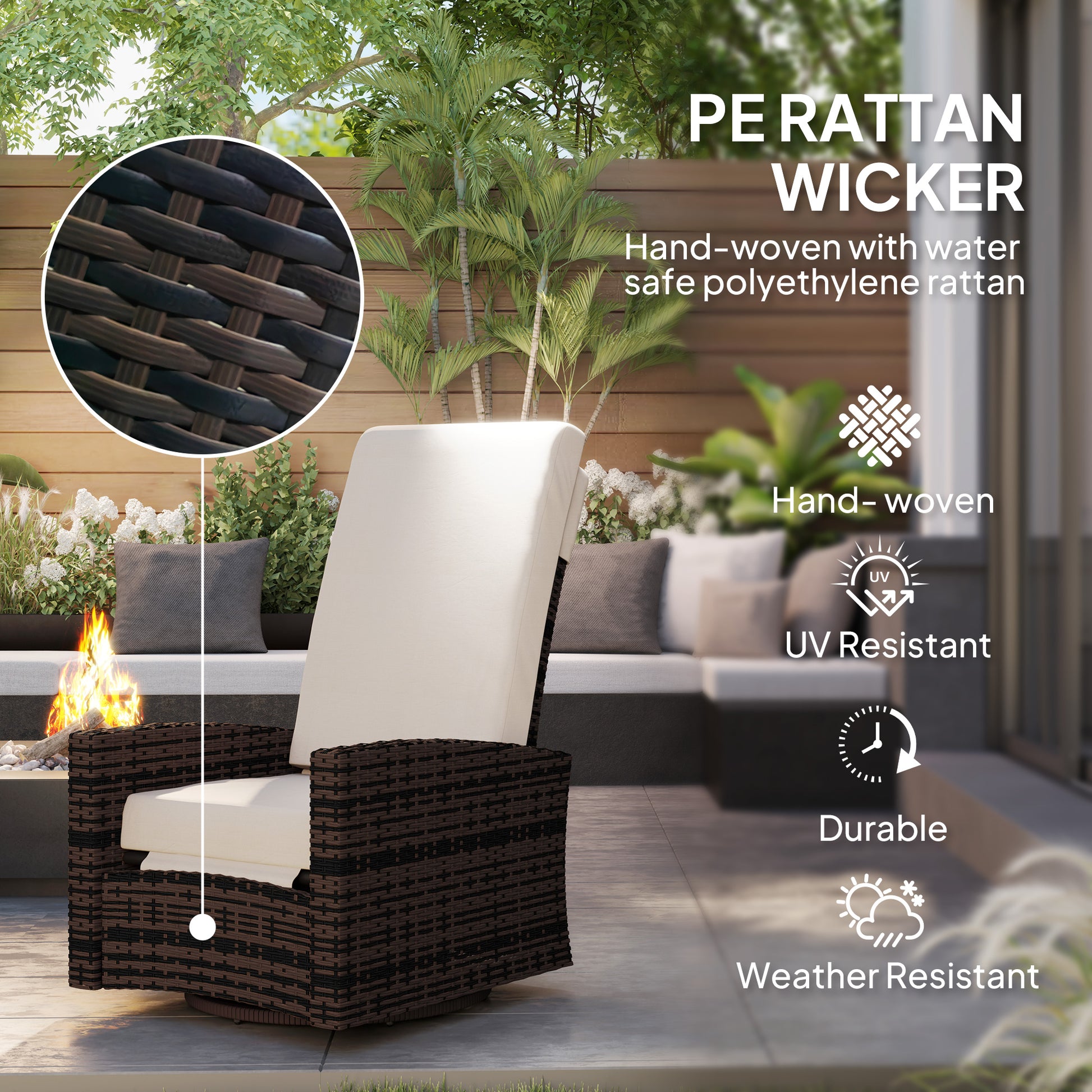 Aosom Rattan Lounge Chair Swivel Recliner Khaki-DECOROLALA