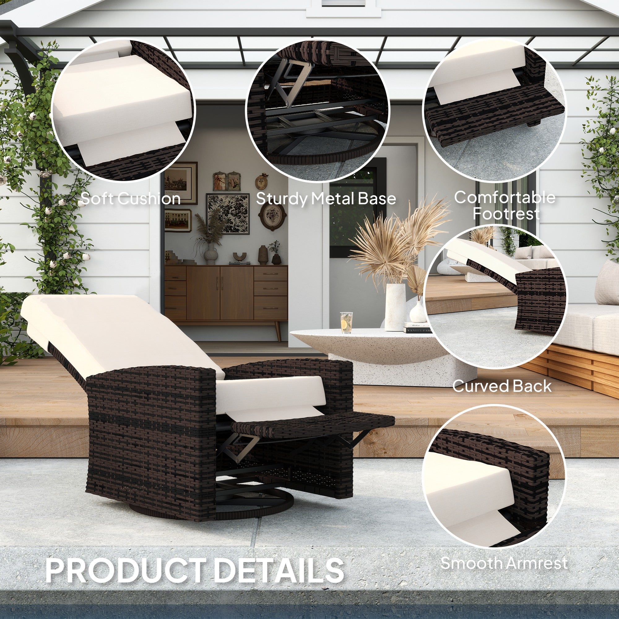 Aosom Rattan Lounge Chair Swivel Recliner Khaki-DECOROLALA