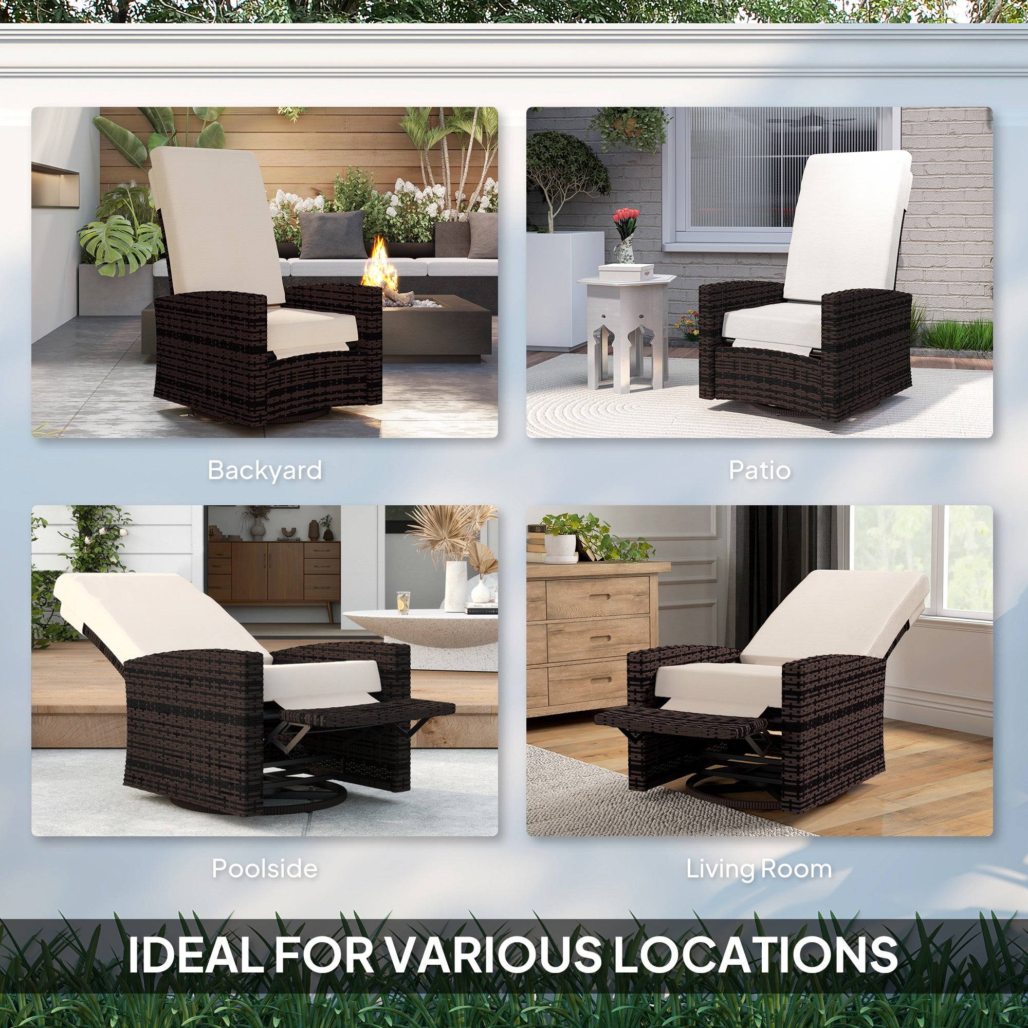 Aosom Rattan Lounge Chair Swivel Recliner Khaki-DECOROLALA