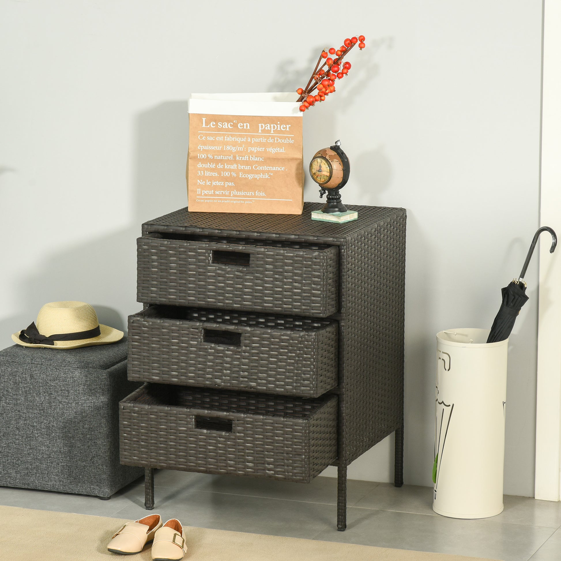 Aosom Rattan Storage Cabinet 32" Brown - 3 Drawers-DECOROLALA