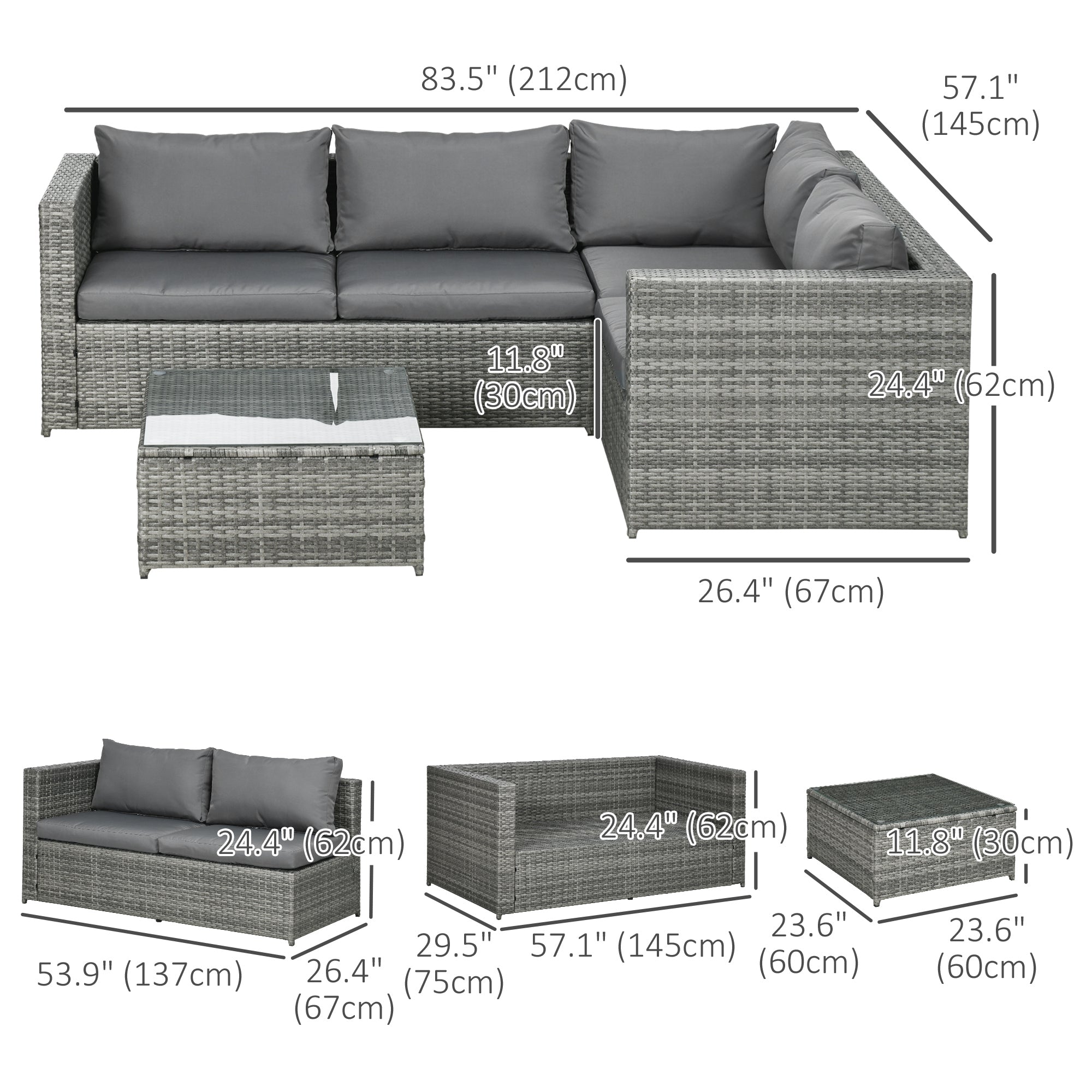 Aosom Rattan Wicker Outdoor Furniture Set - Grey, 3 Pieces w/ Loveseats & Table-DECOROLALA