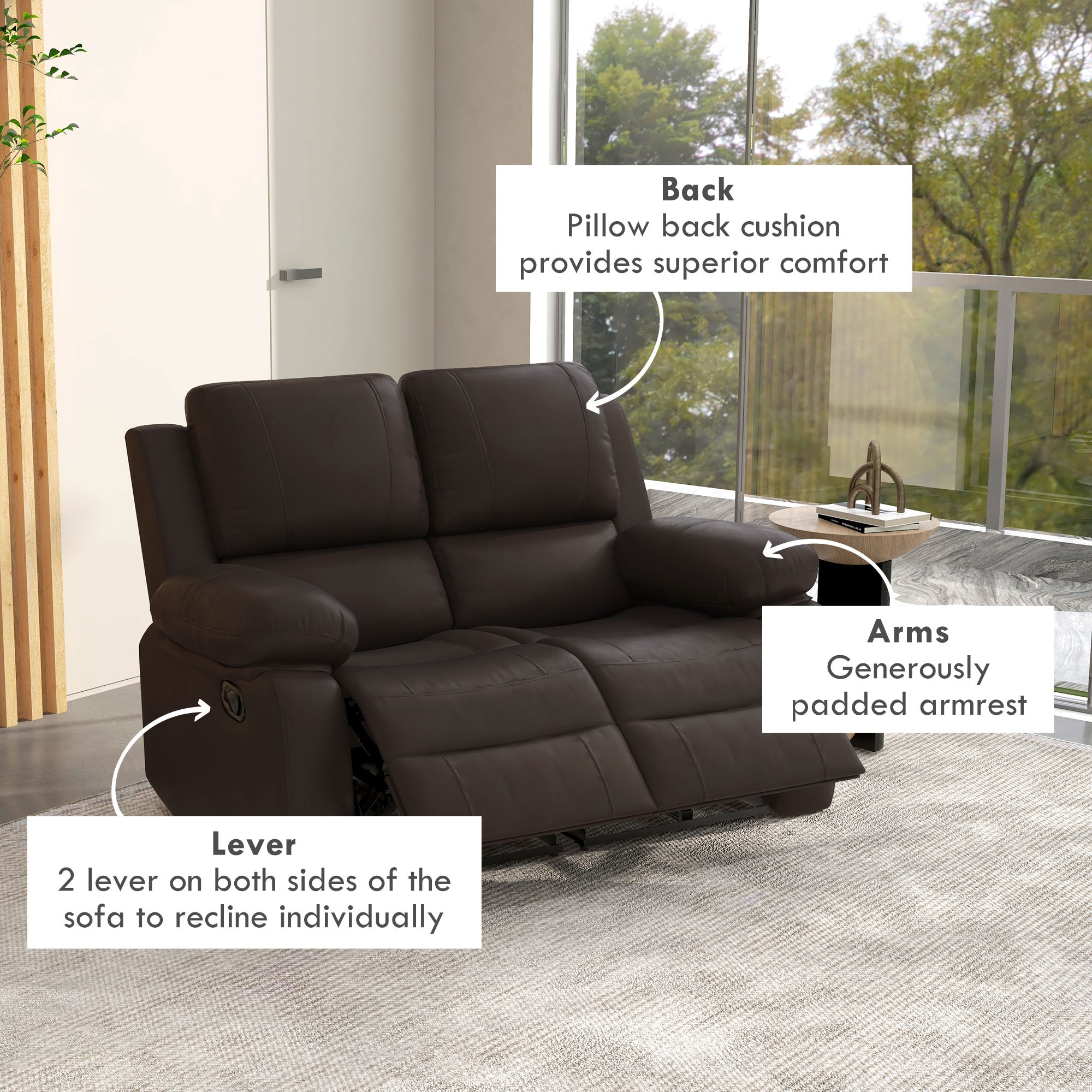 Aosom Reclining Loveseat - PU Leather Brown Manual-DECOROLALA