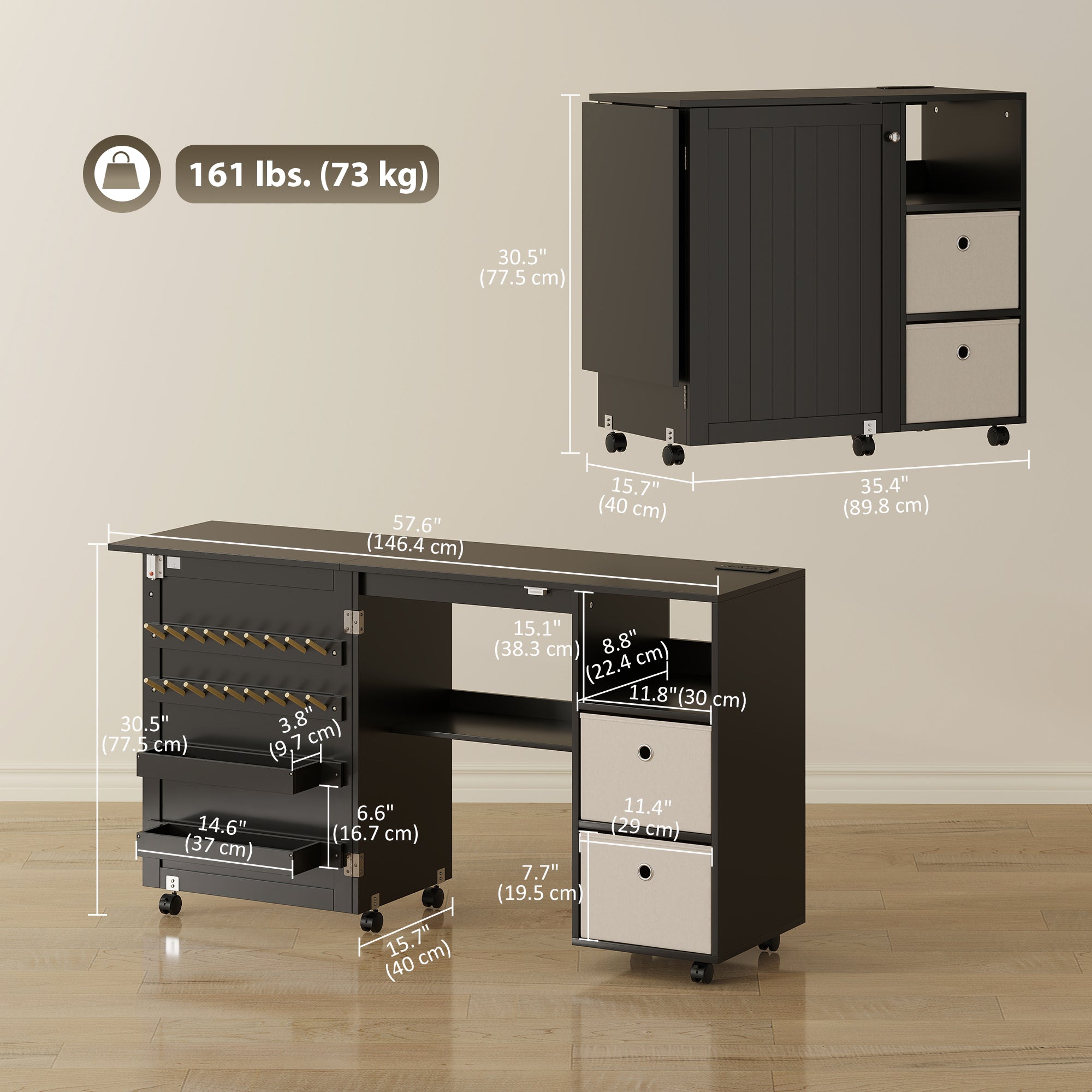 Aosom Rolling Folding Sewing Table with Power Outlet - Black-DECOROLALA