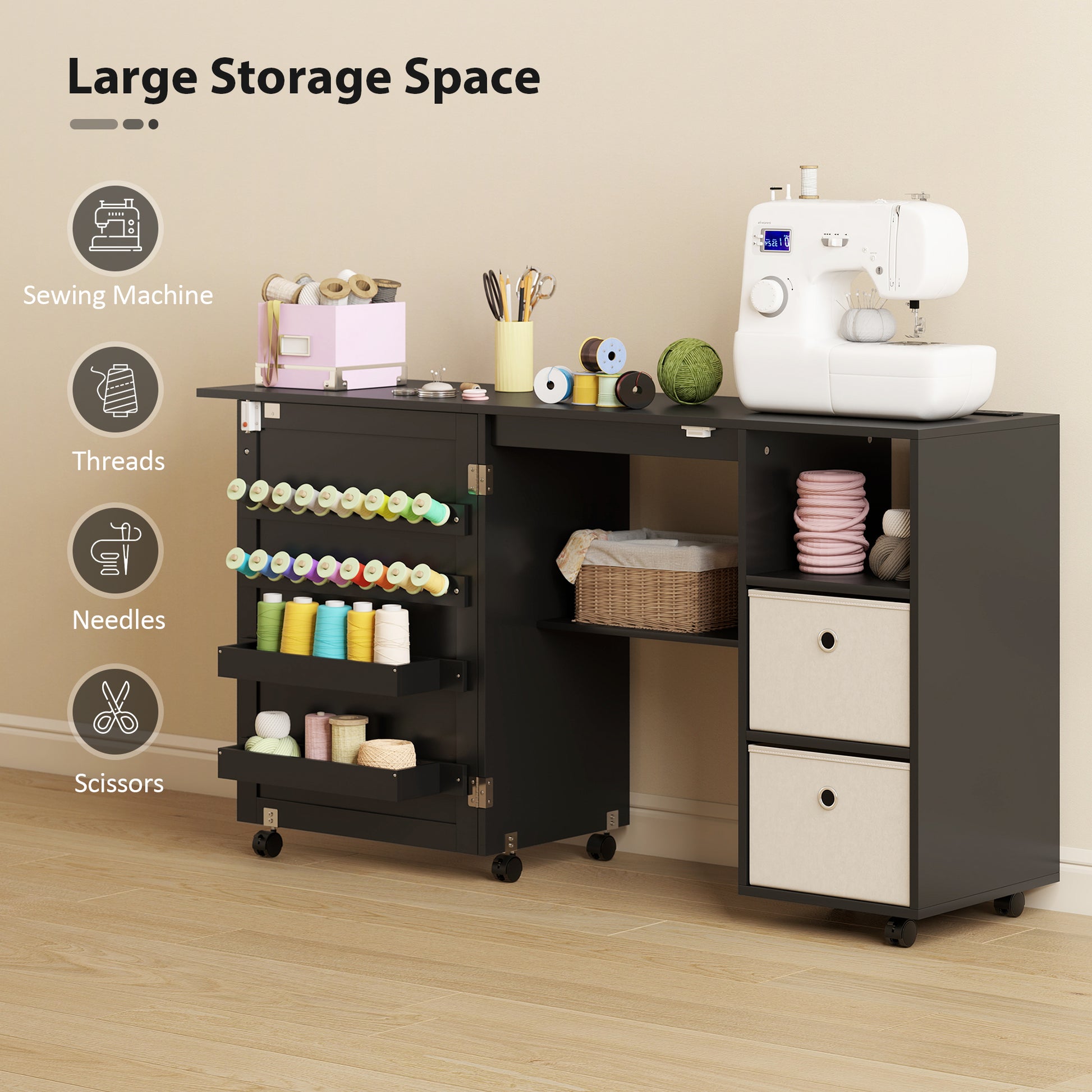 Aosom Rolling Folding Sewing Table with Power Outlet - Black-DECOROLALA