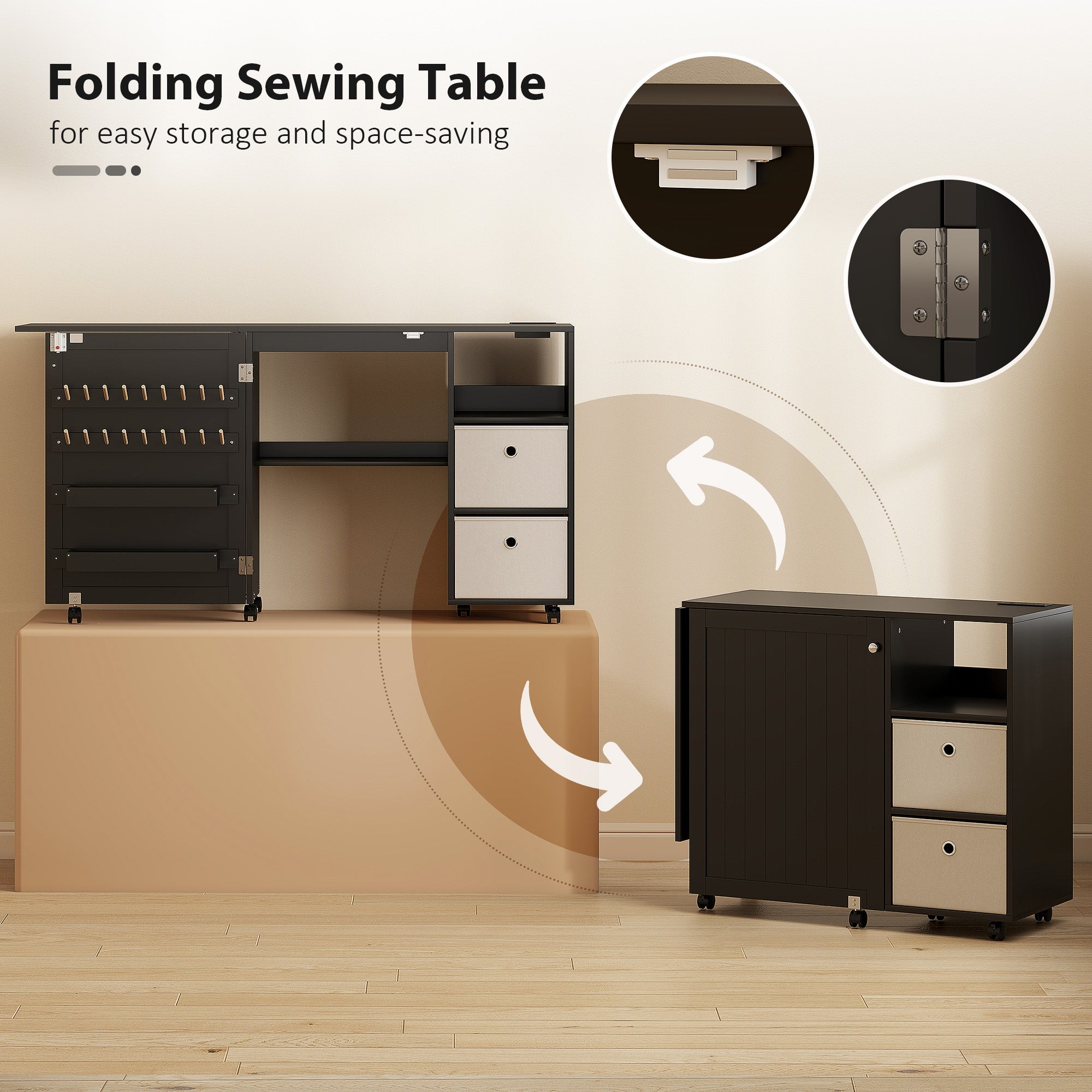 Aosom Rolling Folding Sewing Table with Power Outlet - Black-DECOROLALA