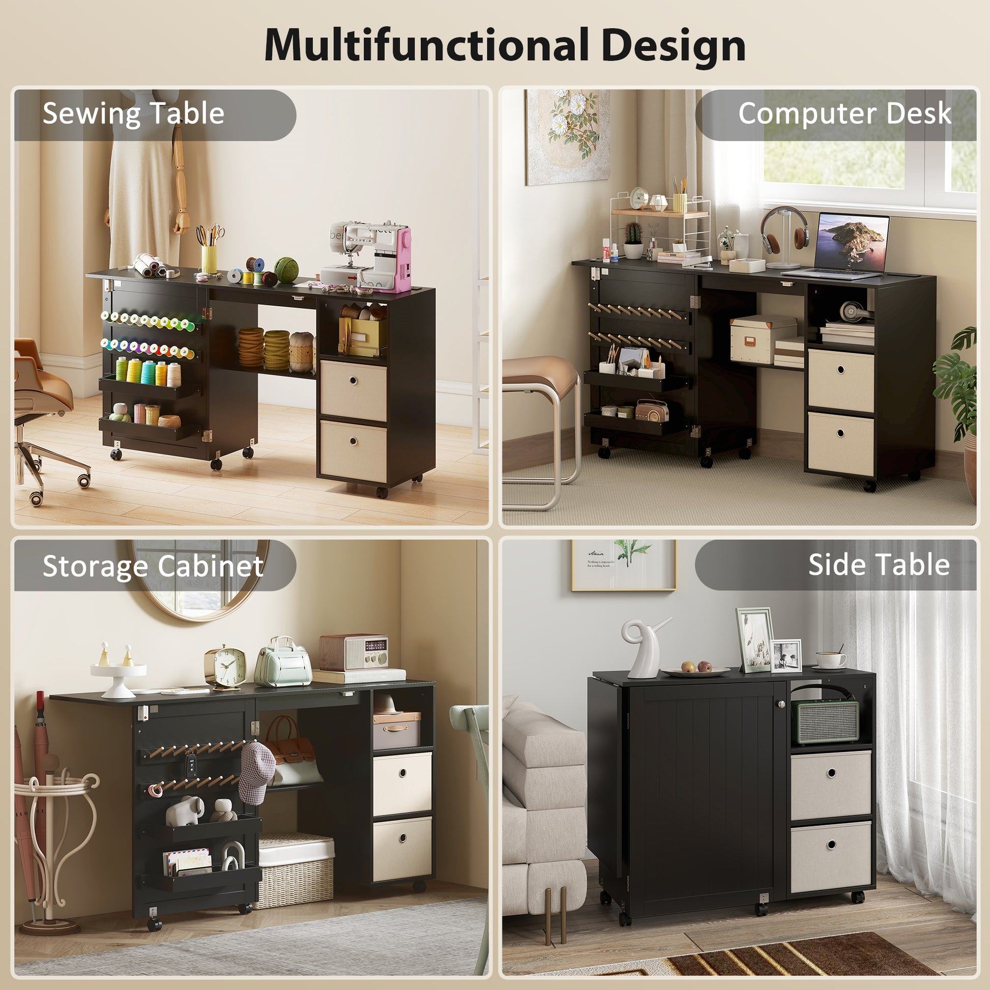 Aosom Rolling Folding Sewing Table with Power Outlet - Black-DECOROLALA