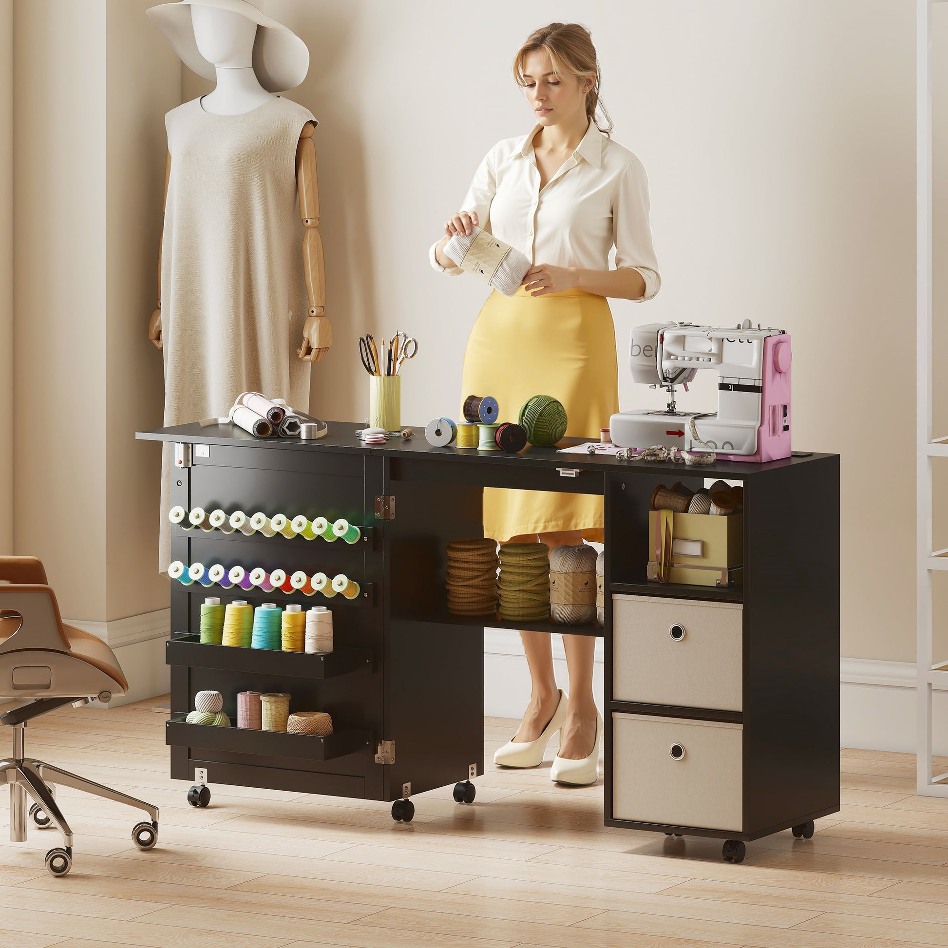 Aosom Rolling Folding Sewing Table with Power Outlet - Black-DECOROLALA