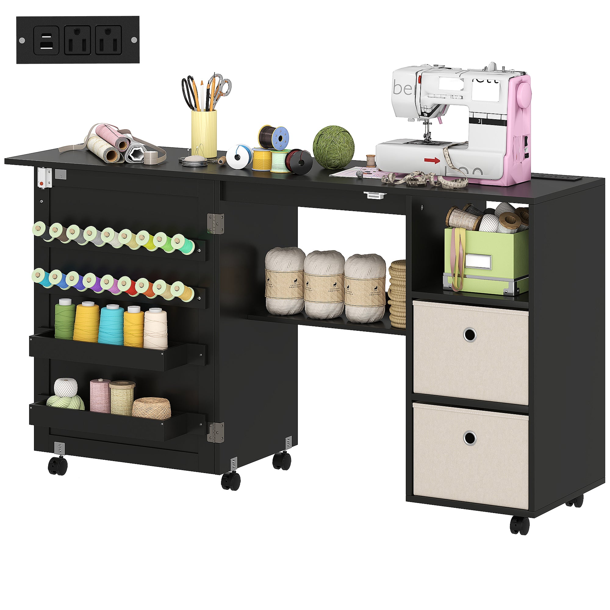 Aosom Rolling Folding Sewing Table with Power Outlet - Black-DECOROLALA