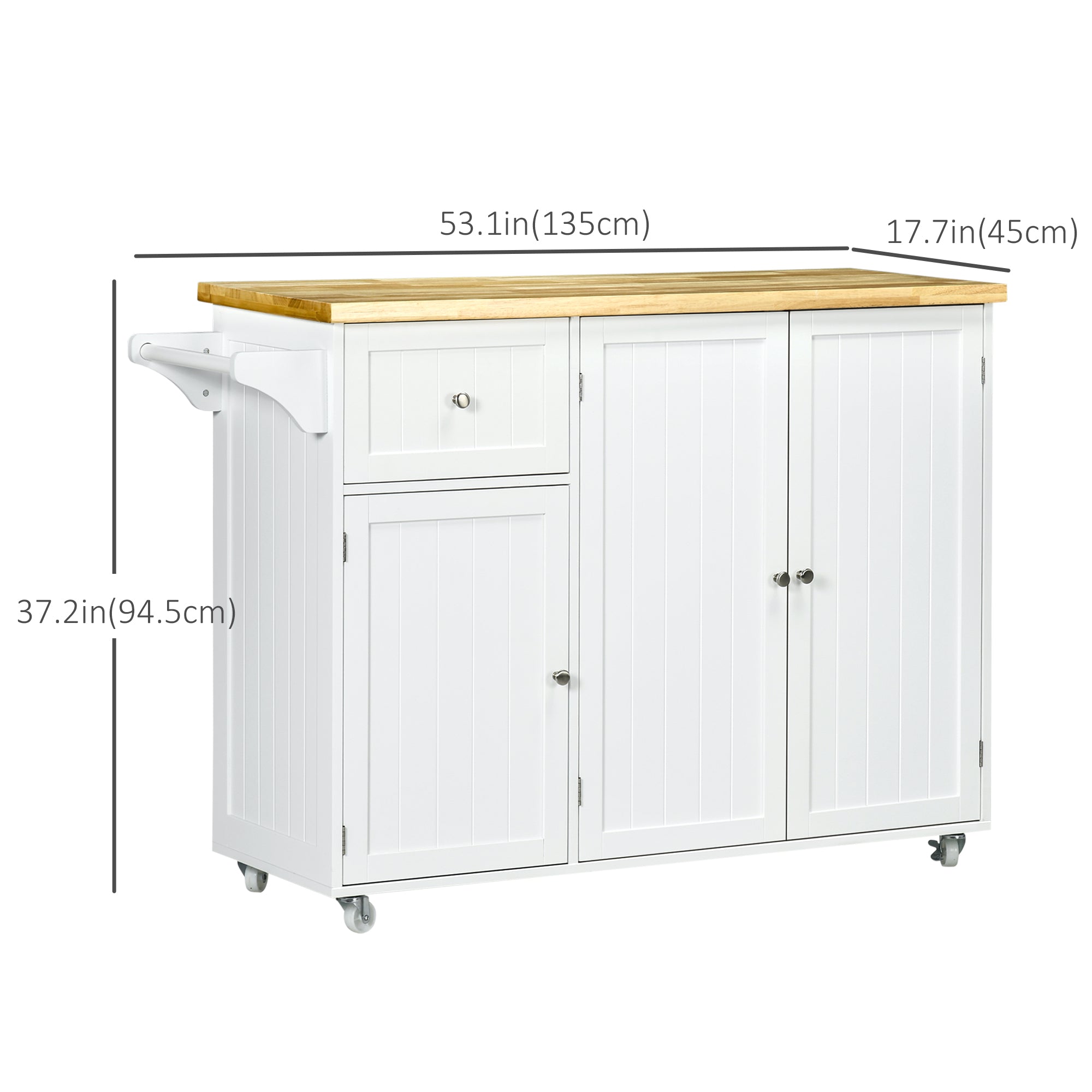 Aosom Rolling Kitchen Island Cart with Rubberwood Top - White-DECOROLALA