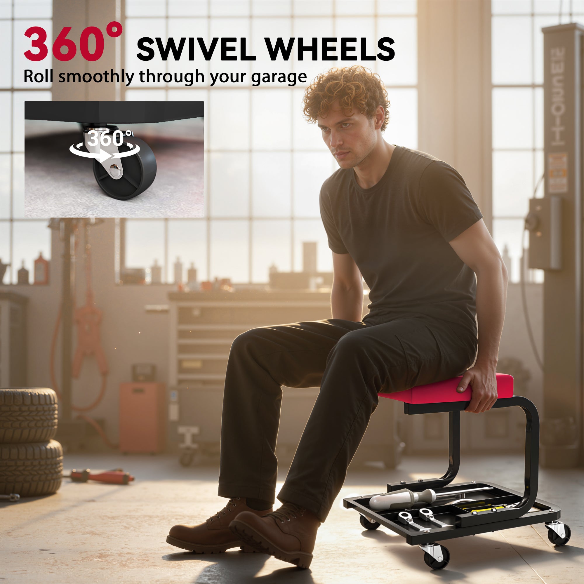 Aosom Rolling Mechanic Stool - 300 lbs Capacity Garage Seat Red-Home Improvement > Tools > Automotive-DECOROLALA