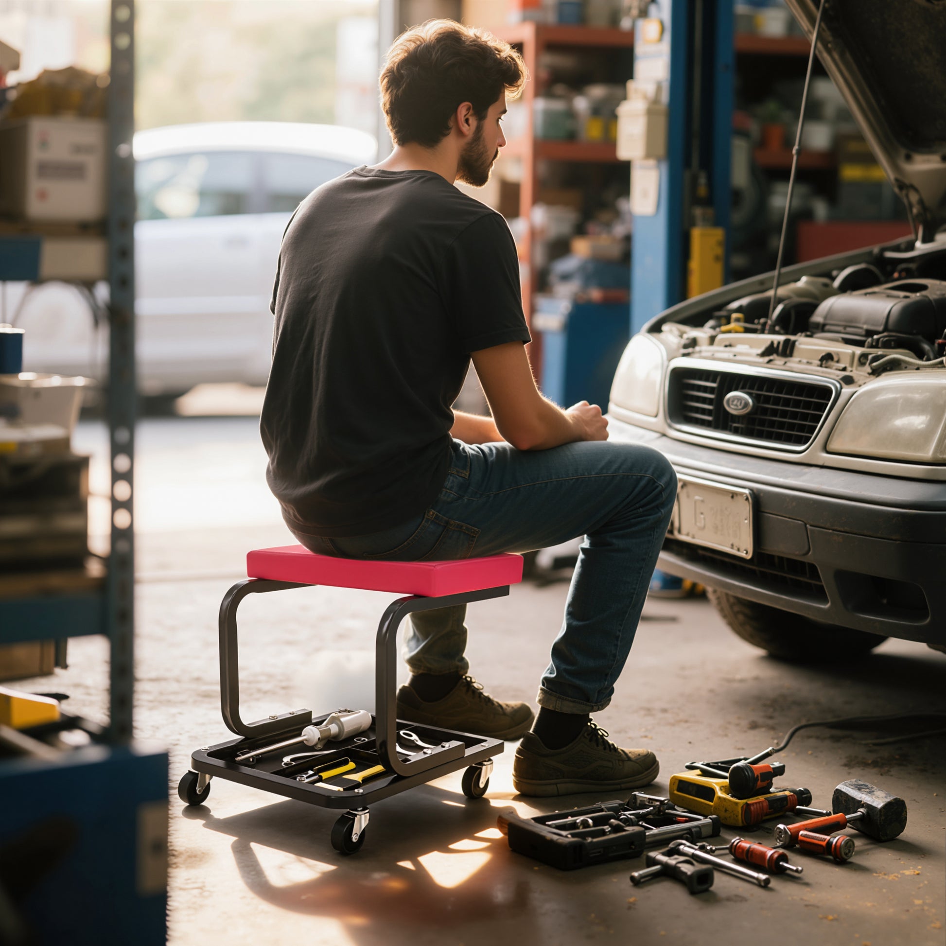 Aosom Rolling Mechanic Stool - 300 lbs Capacity Garage Seat Red-Home Improvement > Tools > Automotive-DECOROLALA