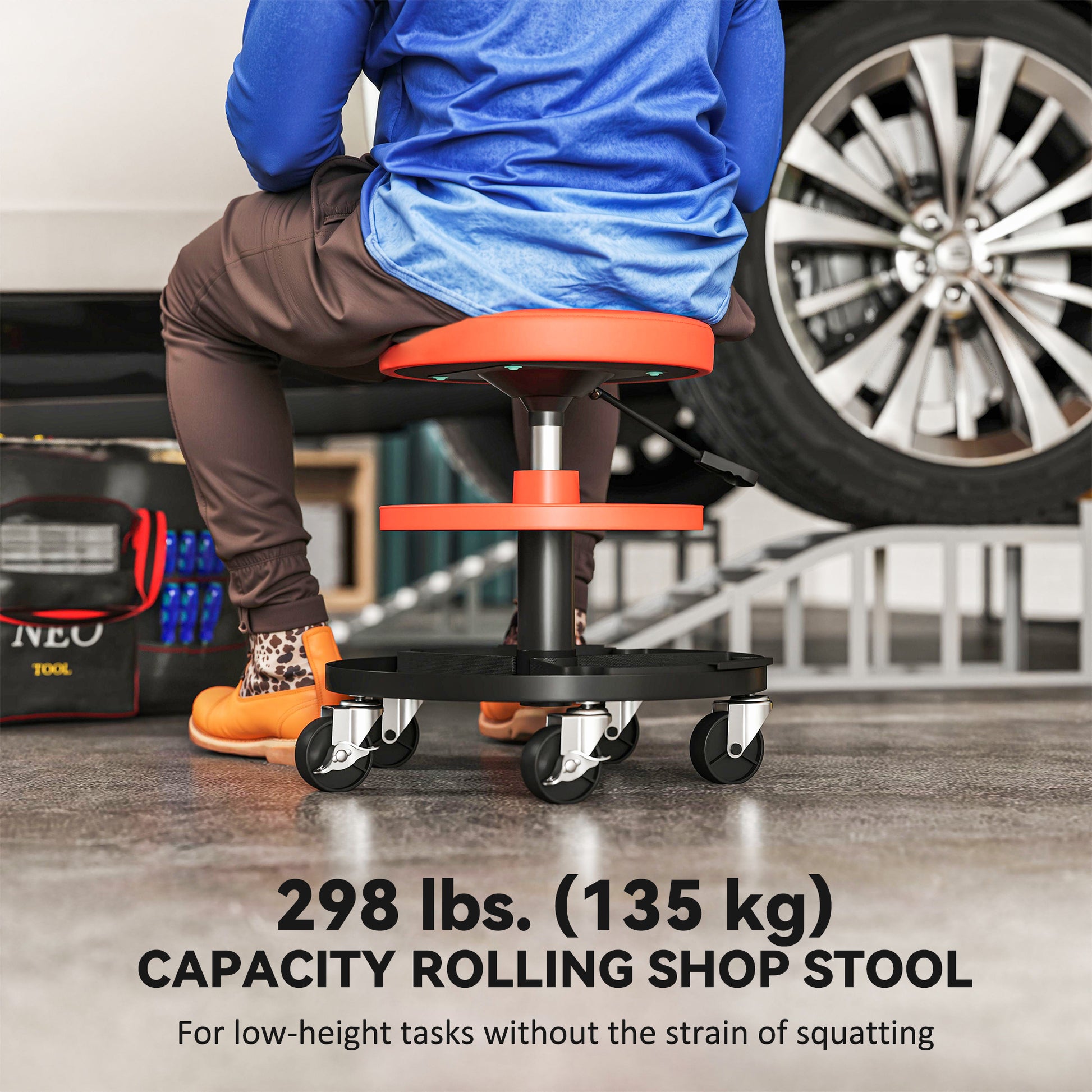 Aosom Rolling Mechanic Stool - 300 lbs Capacity Orange-Home Improvement > Tools > Automotive-DECOROLALA