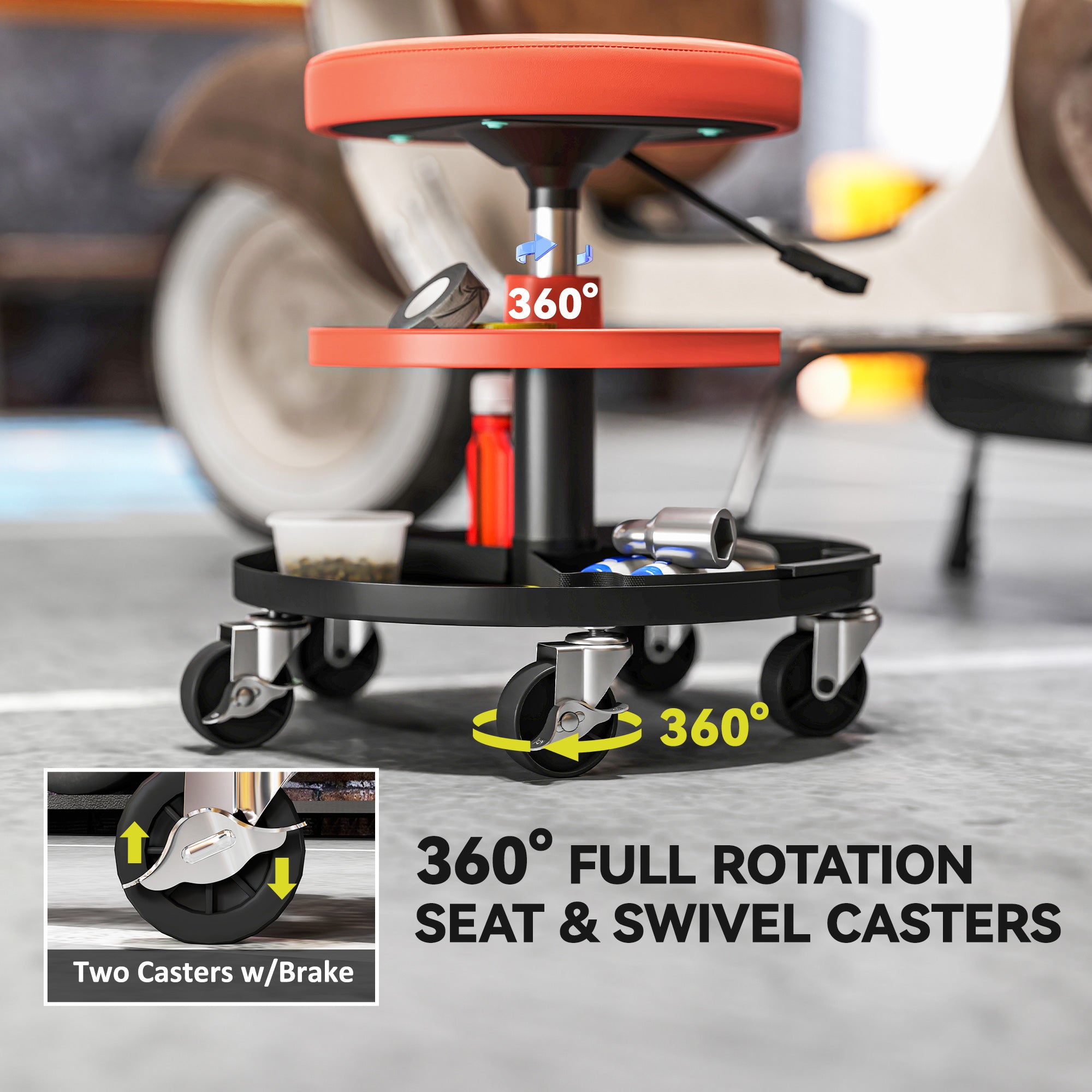 Aosom Rolling Mechanic Stool - 300 lbs Capacity Orange-Home Improvement > Tools > Automotive-DECOROLALA