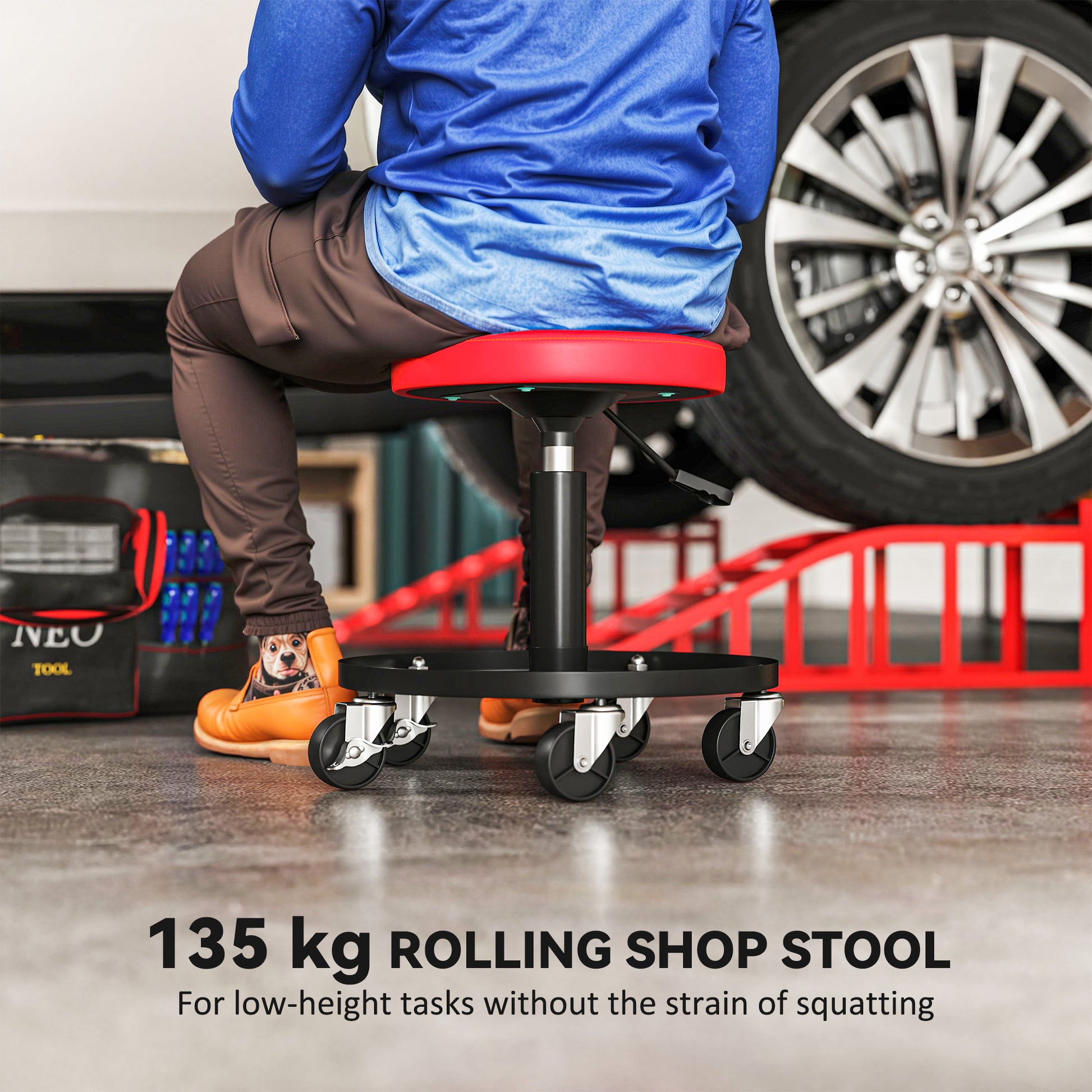 Aosom Rolling Mechanic Stool - Adjustable Padded Garage Seat, Red-Home Improvement > Tools-DECOROLALA