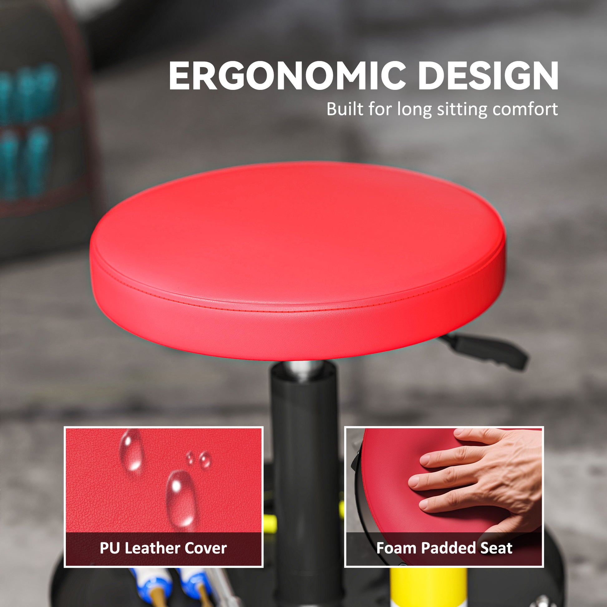 Aosom Rolling Mechanic Stool - Adjustable Padded Garage Seat, Red-Home Improvement > Tools-DECOROLALA