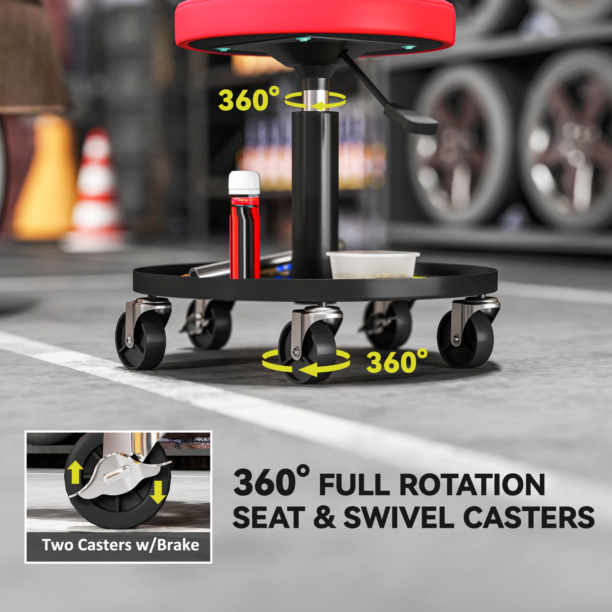 Aosom Rolling Mechanic Stool - Adjustable Padded Garage Seat, Red-Home Improvement > Tools-DECOROLALA