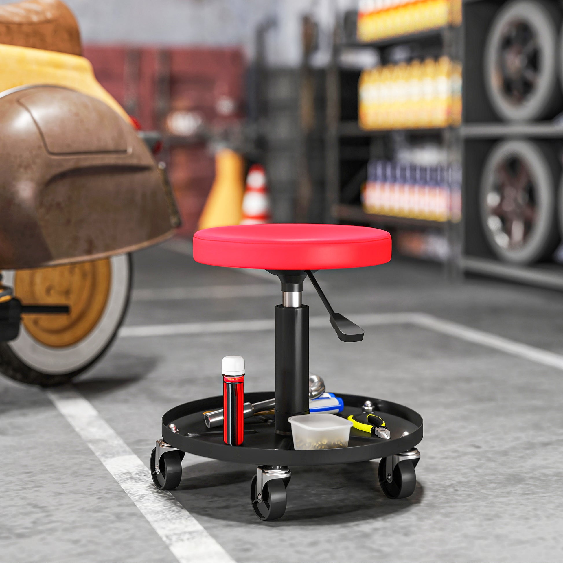 Aosom Rolling Mechanic Stool - Adjustable Padded Garage Seat, Red-Home Improvement > Tools-DECOROLALA