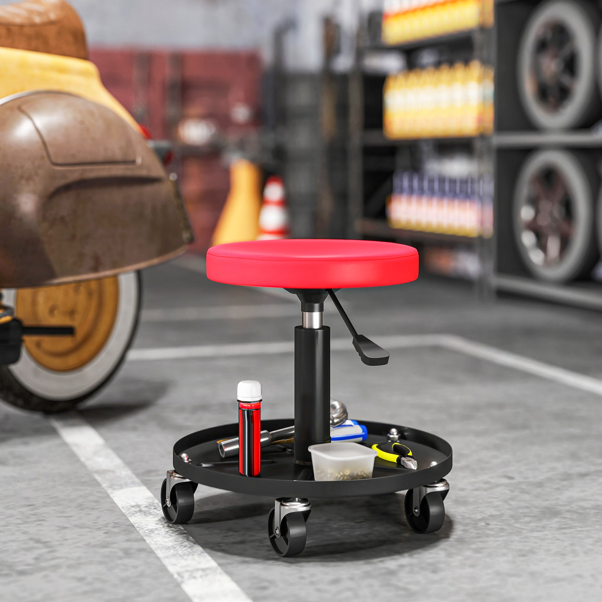 Aosom Rolling Mechanic Stool - Adjustable Padded Garage Seat, Red-Home Improvement > Tools-DECOROLALA