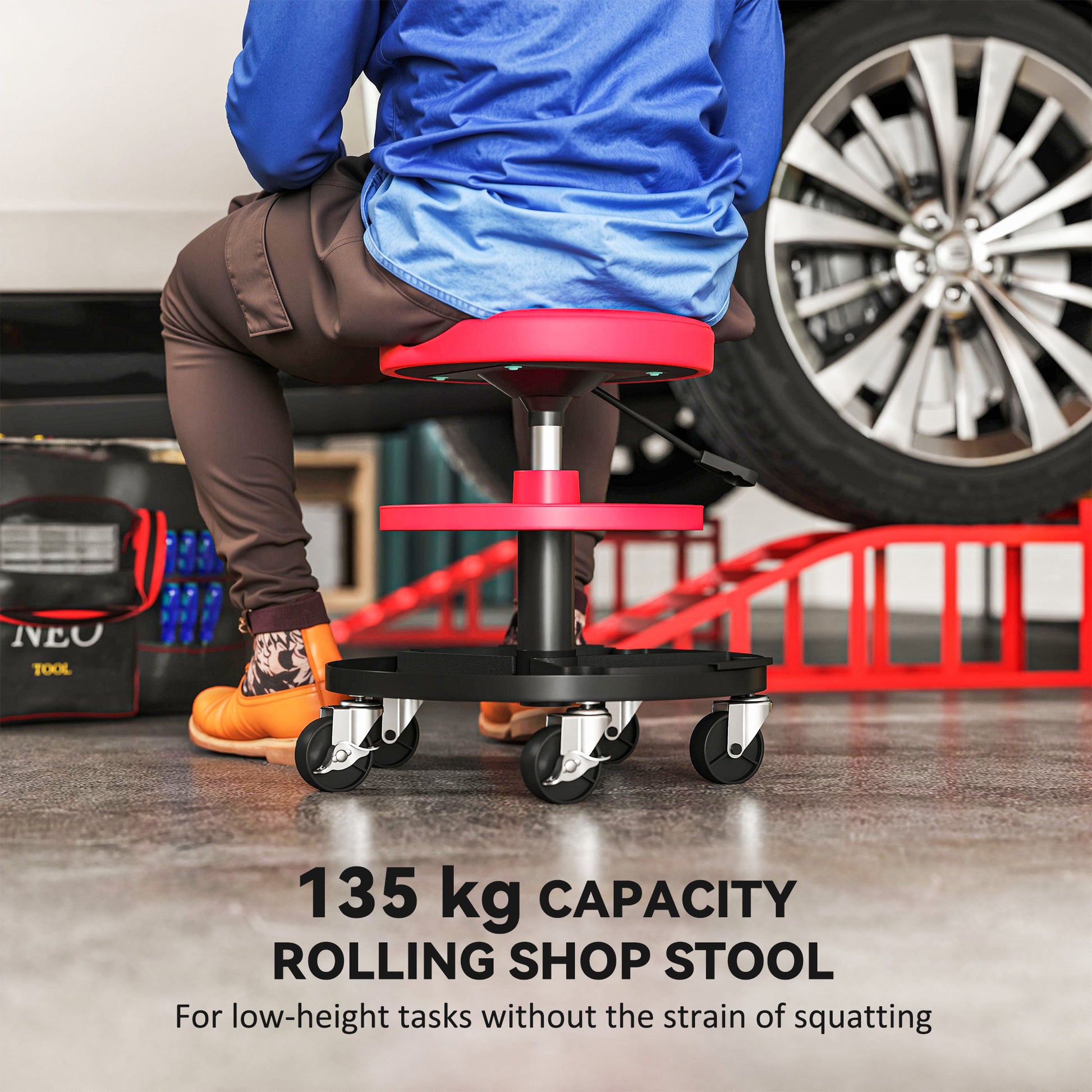 Aosom Rolling Mechanic Stool - Red 300 lbs Adjustable Height-Home Improvement > Tools-DECOROLALA