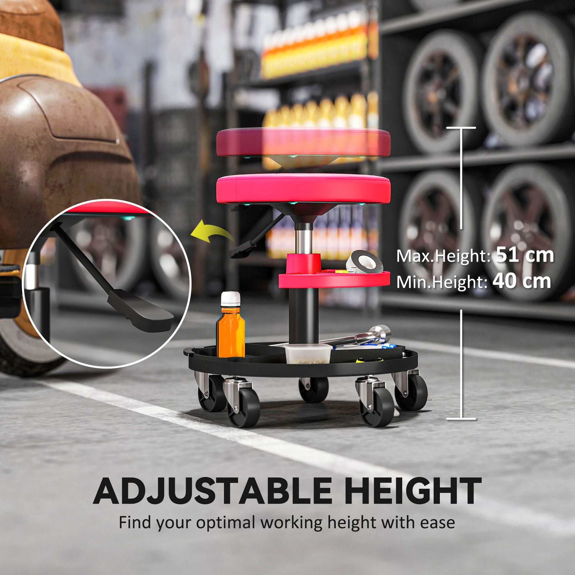 Aosom Rolling Mechanic Stool - Red 300 lbs Adjustable Height-Home Improvement > Tools-DECOROLALA
