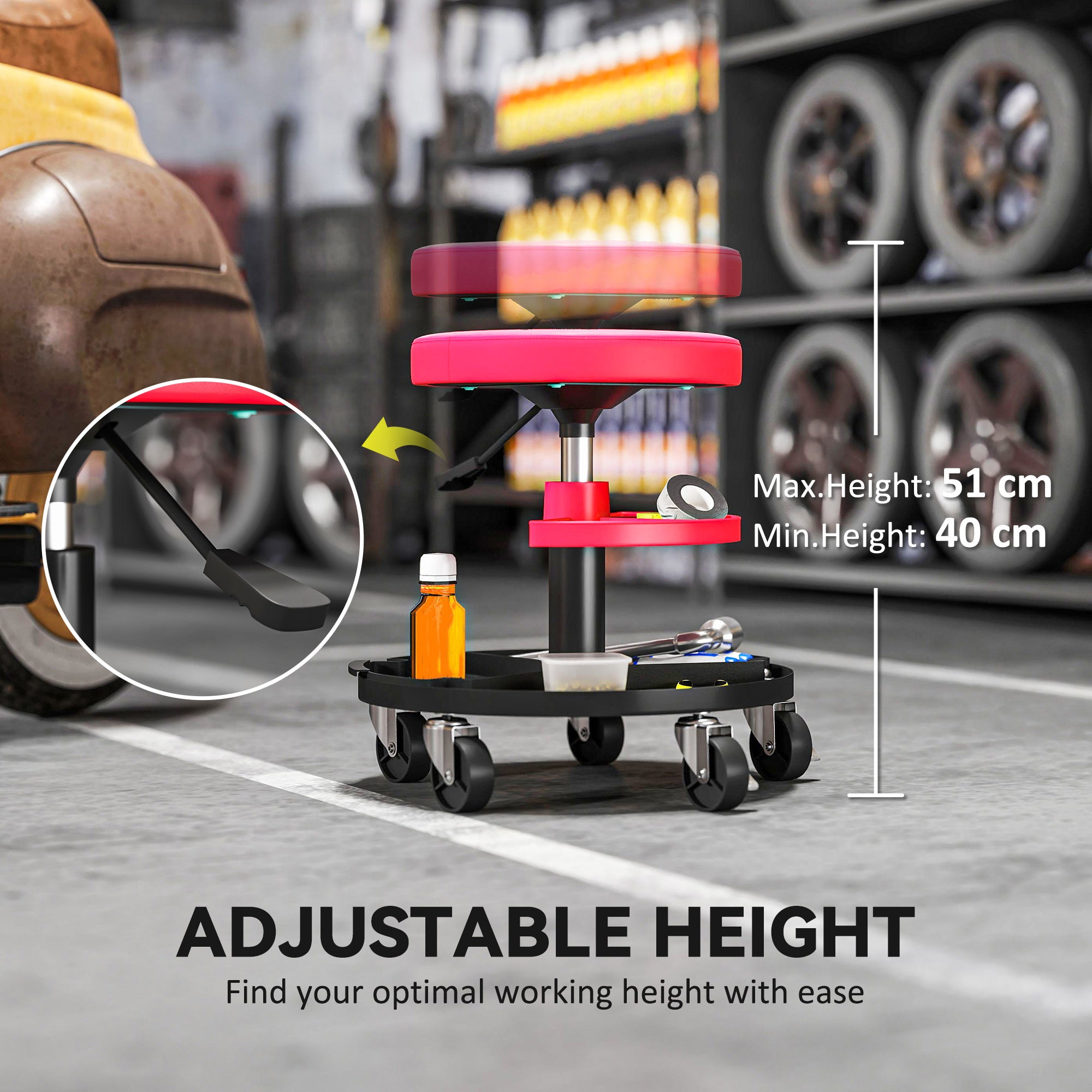 Aosom Rolling Mechanic Stool - Red 300 lbs Adjustable Height-Home Improvement > Tools-DECOROLALA
