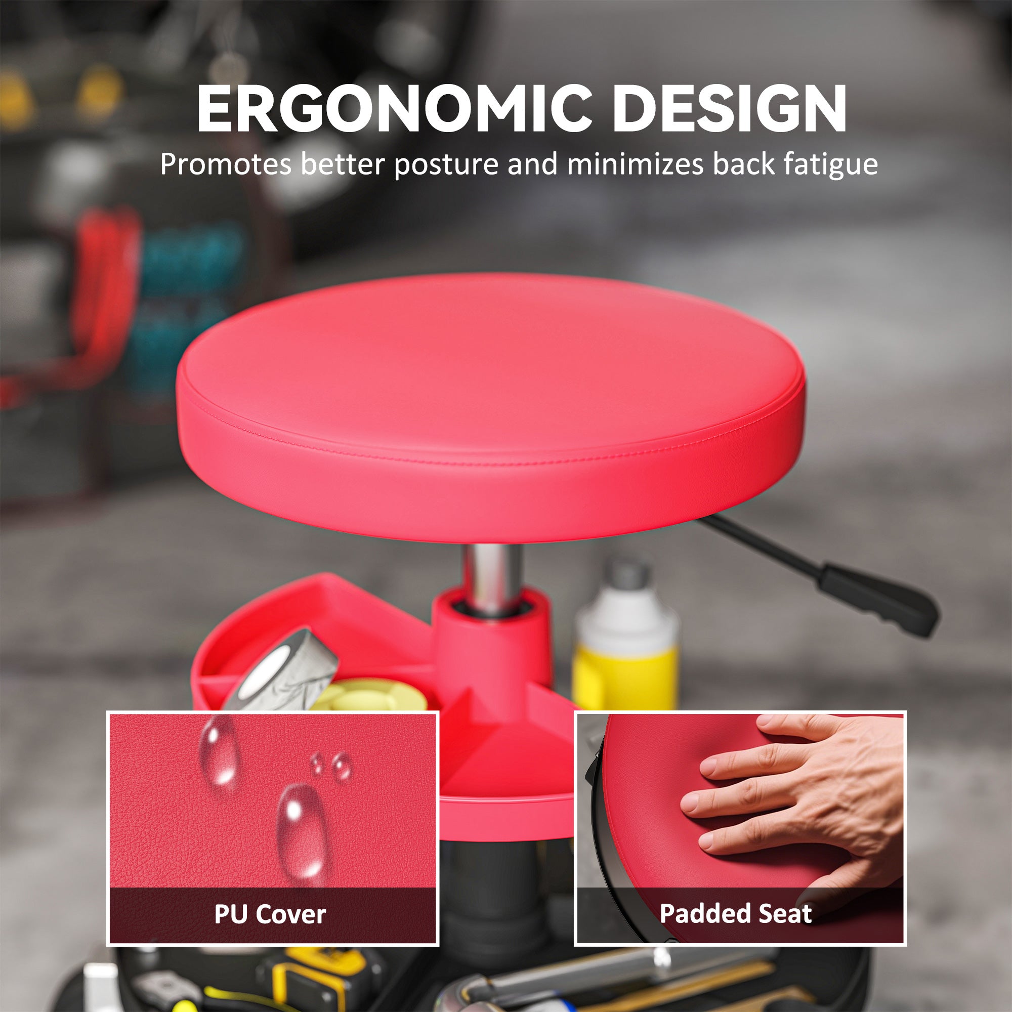 Aosom Rolling Mechanic Stool - Red 300 lbs Adjustable Height-Home Improvement > Tools-DECOROLALA