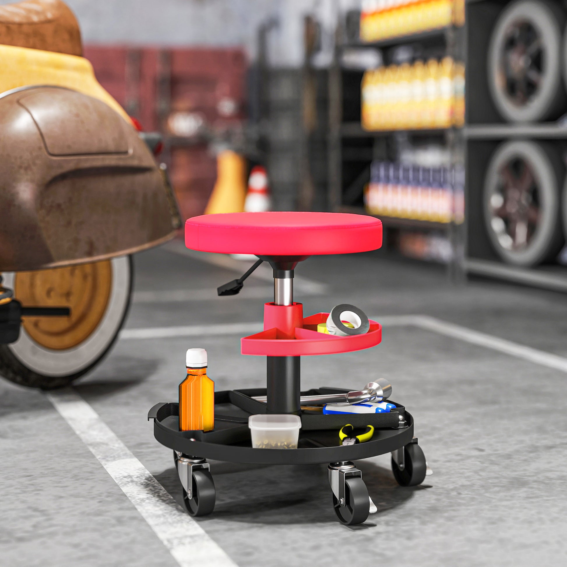 Aosom Rolling Mechanic Stool - Red 300 lbs Adjustable Height-Home Improvement > Tools-DECOROLALA