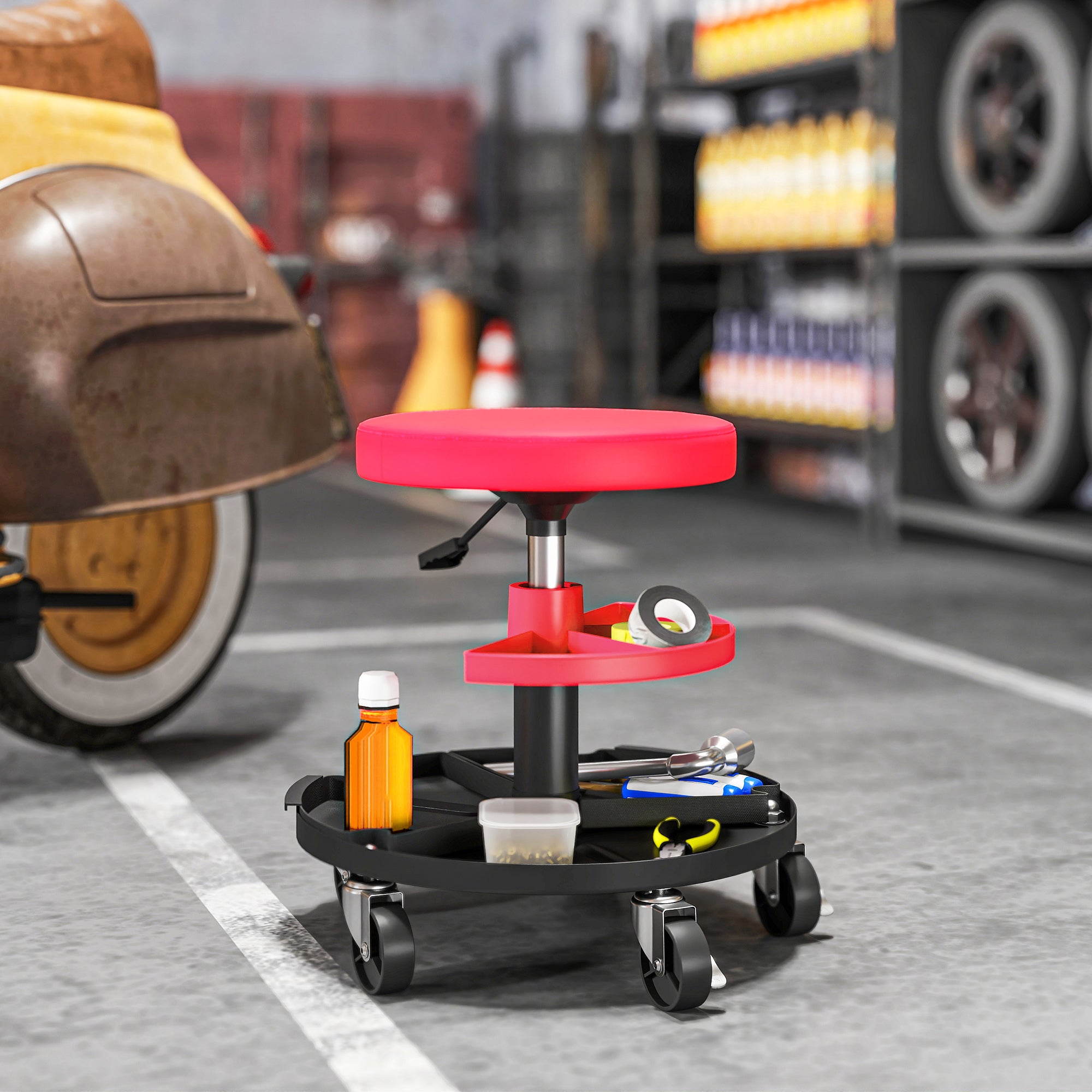 Aosom Rolling Mechanic Stool - Red 300 lbs Adjustable Height-Home Improvement > Tools-DECOROLALA