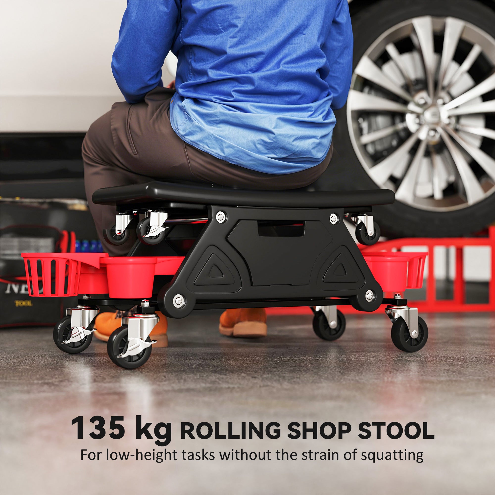 Aosom Rolling Mechanic Stool with Tool Trays - 300 lbs Black-Home Improvement > Tools-DECOROLALA