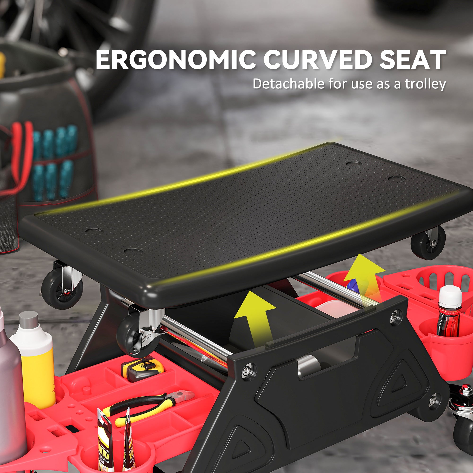 Aosom Rolling Mechanic Stool with Tool Trays - 300 lbs Black-Home Improvement > Tools-DECOROLALA
