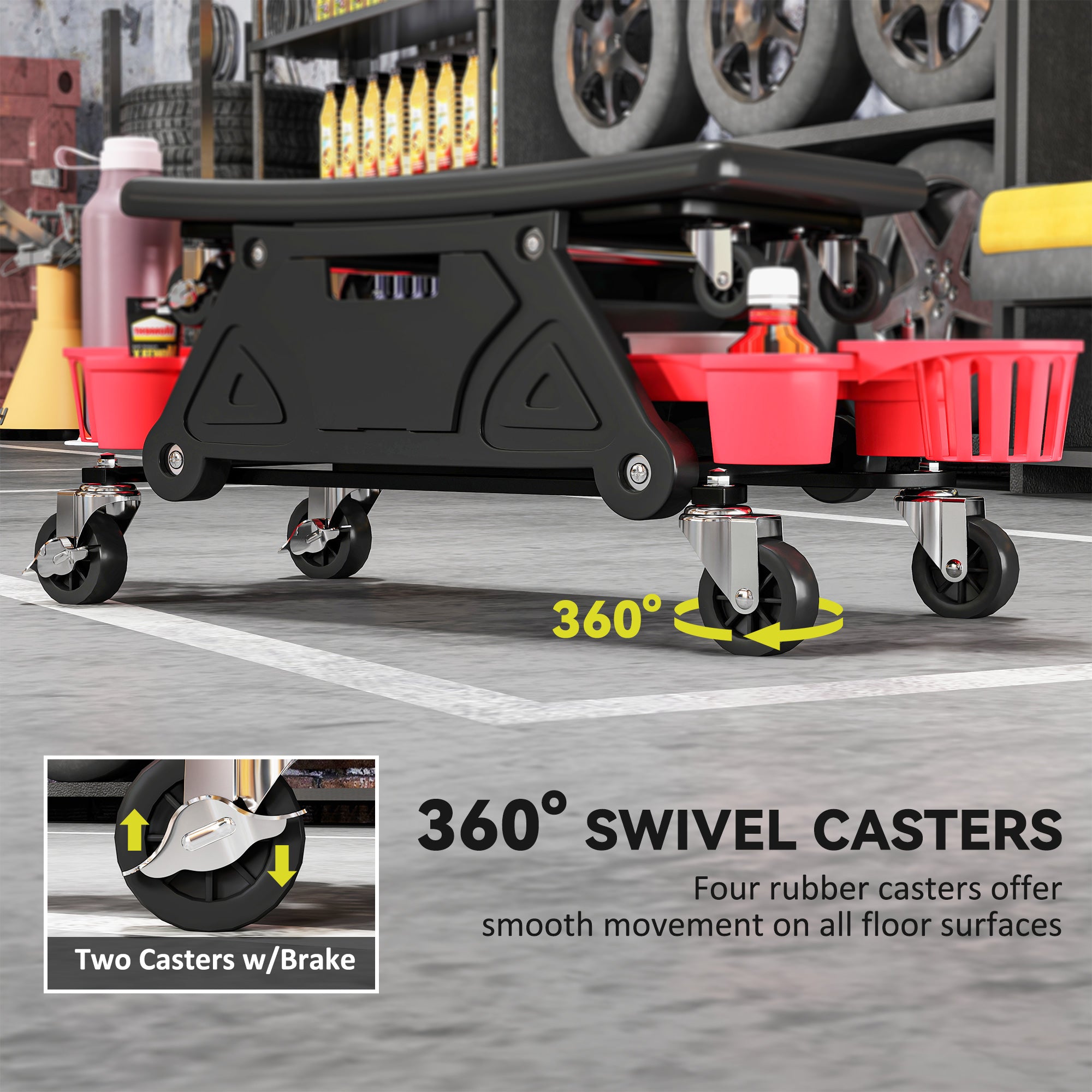 Aosom Rolling Mechanic Stool with Tool Trays - 300 lbs Black-Home Improvement > Tools-DECOROLALA