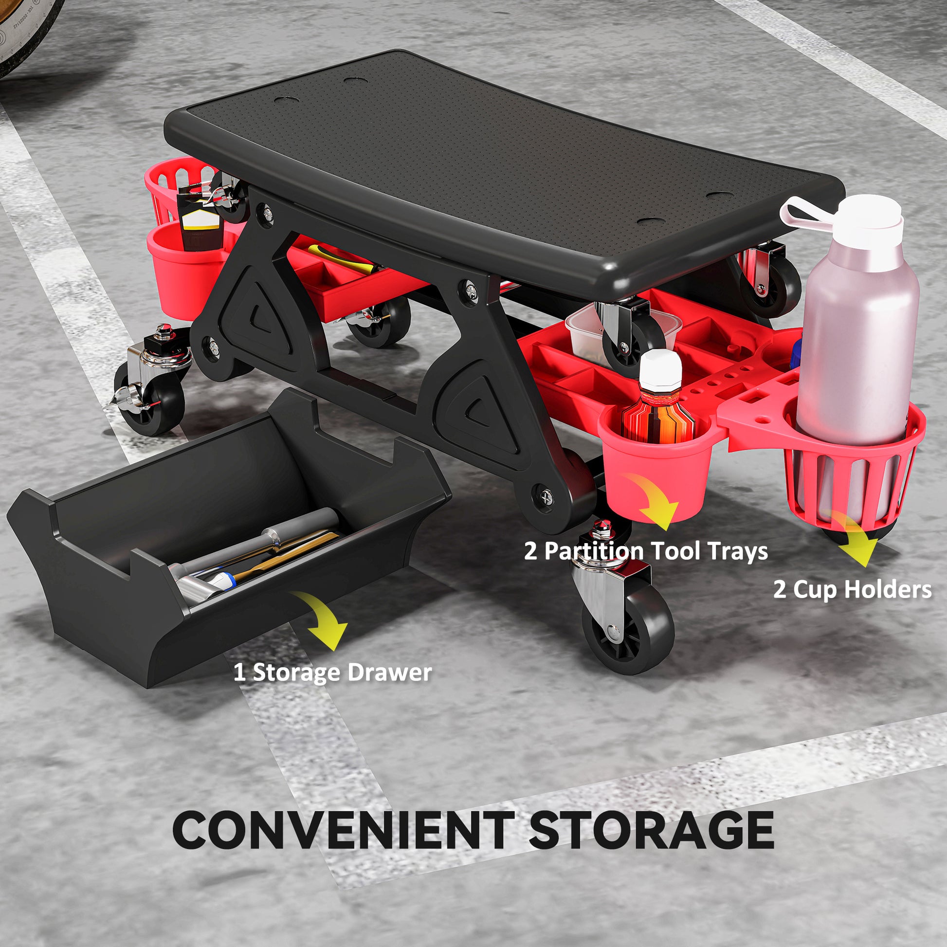 Aosom Rolling Mechanic Stool with Tool Trays - 300 lbs Black-Home Improvement > Tools-DECOROLALA