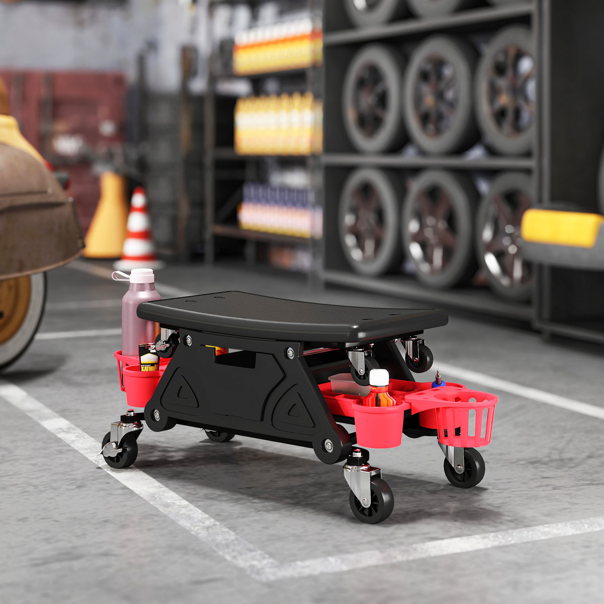 Aosom Rolling Mechanic Stool with Tool Trays - 300 lbs Black-Home Improvement > Tools-DECOROLALA