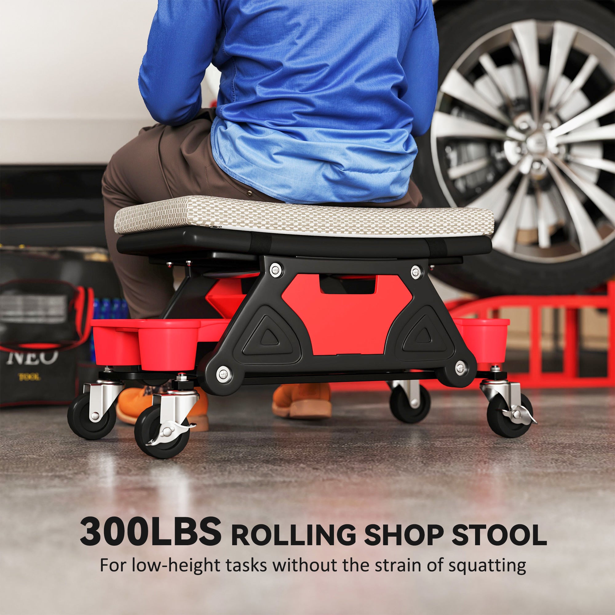 Aosom Rolling Mechanic Stool with Tool Trays & Drawer - Grey-Home Improvement > Tools-DECOROLALA