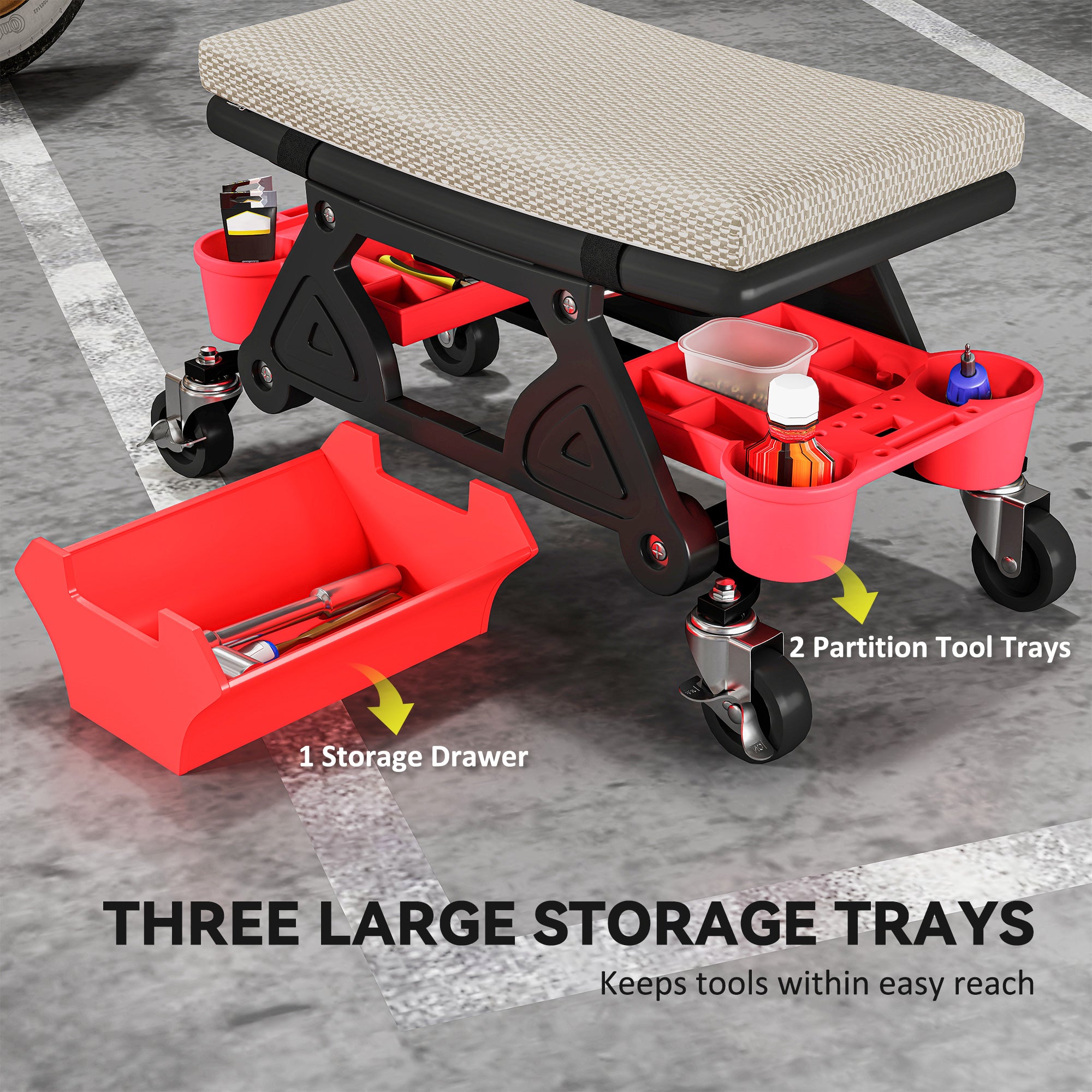 Aosom Rolling Mechanic Stool with Tool Trays & Drawer - Grey-Home Improvement > Tools-DECOROLALA