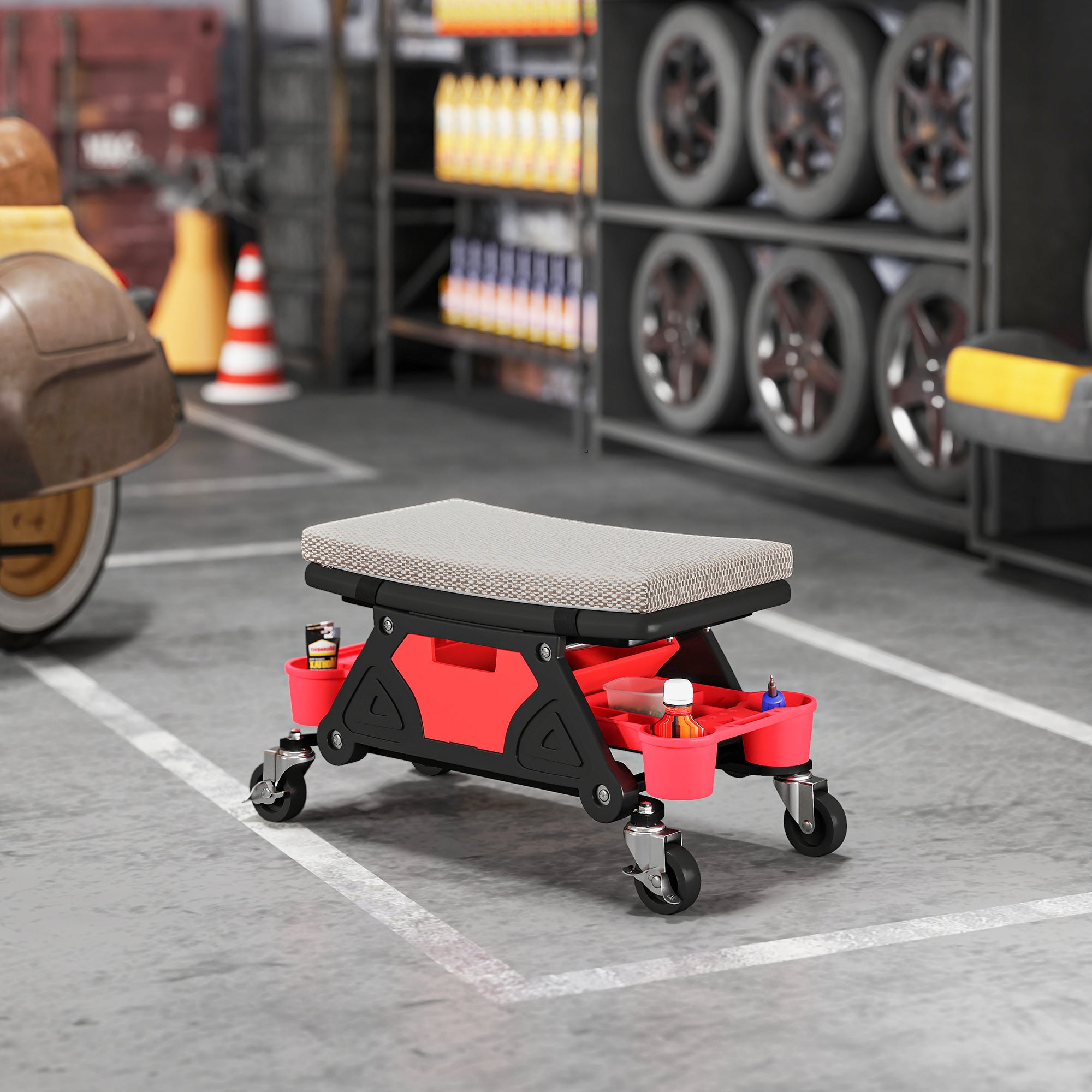 Aosom Rolling Mechanic Stool with Tool Trays & Drawer - Grey-Home Improvement > Tools-DECOROLALA