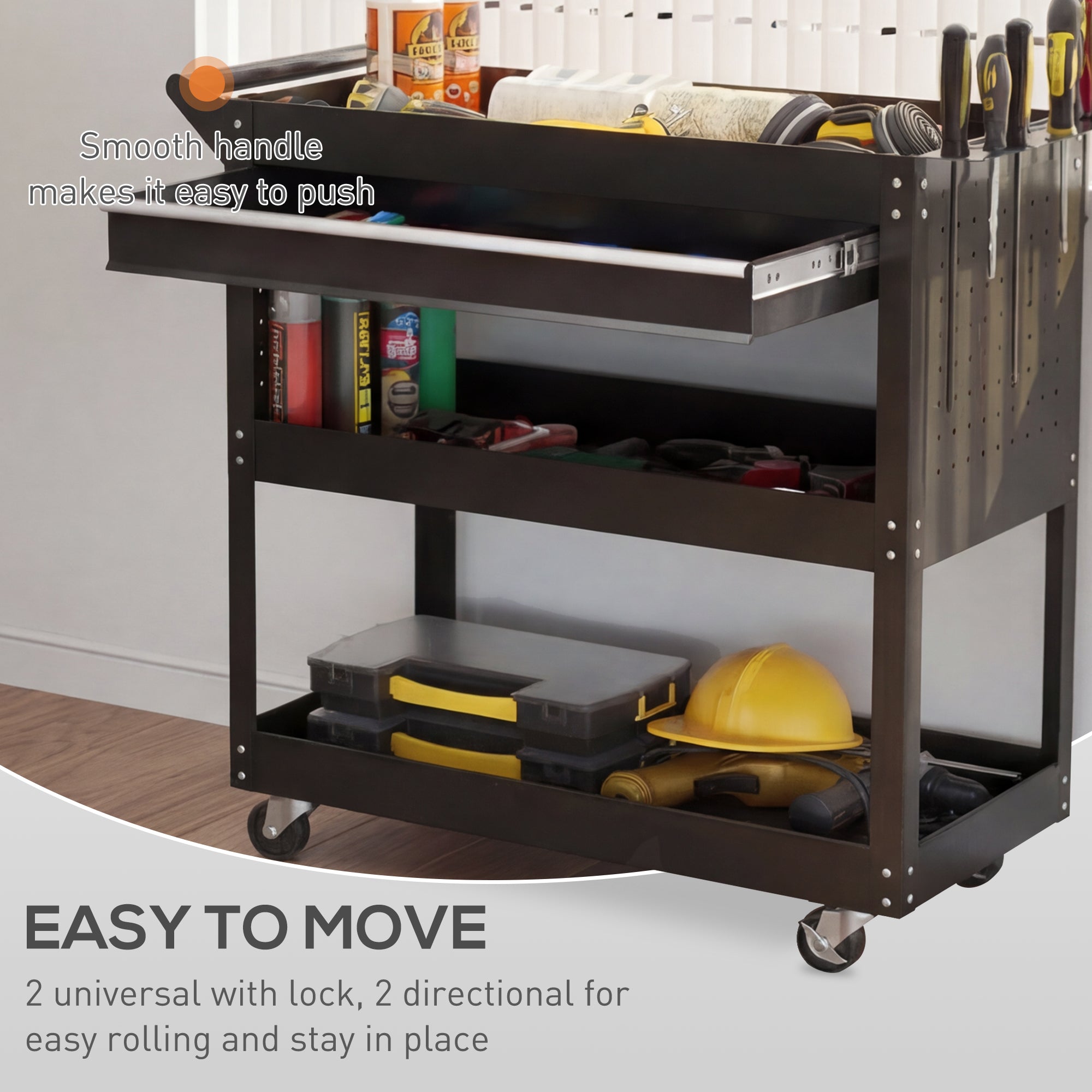 Aosom Rolling Steel Tool Cart - 3-Tier Utility Cart with Drawer Black-Home Improvement > Tools > Tool Organizers-DECOROLALA