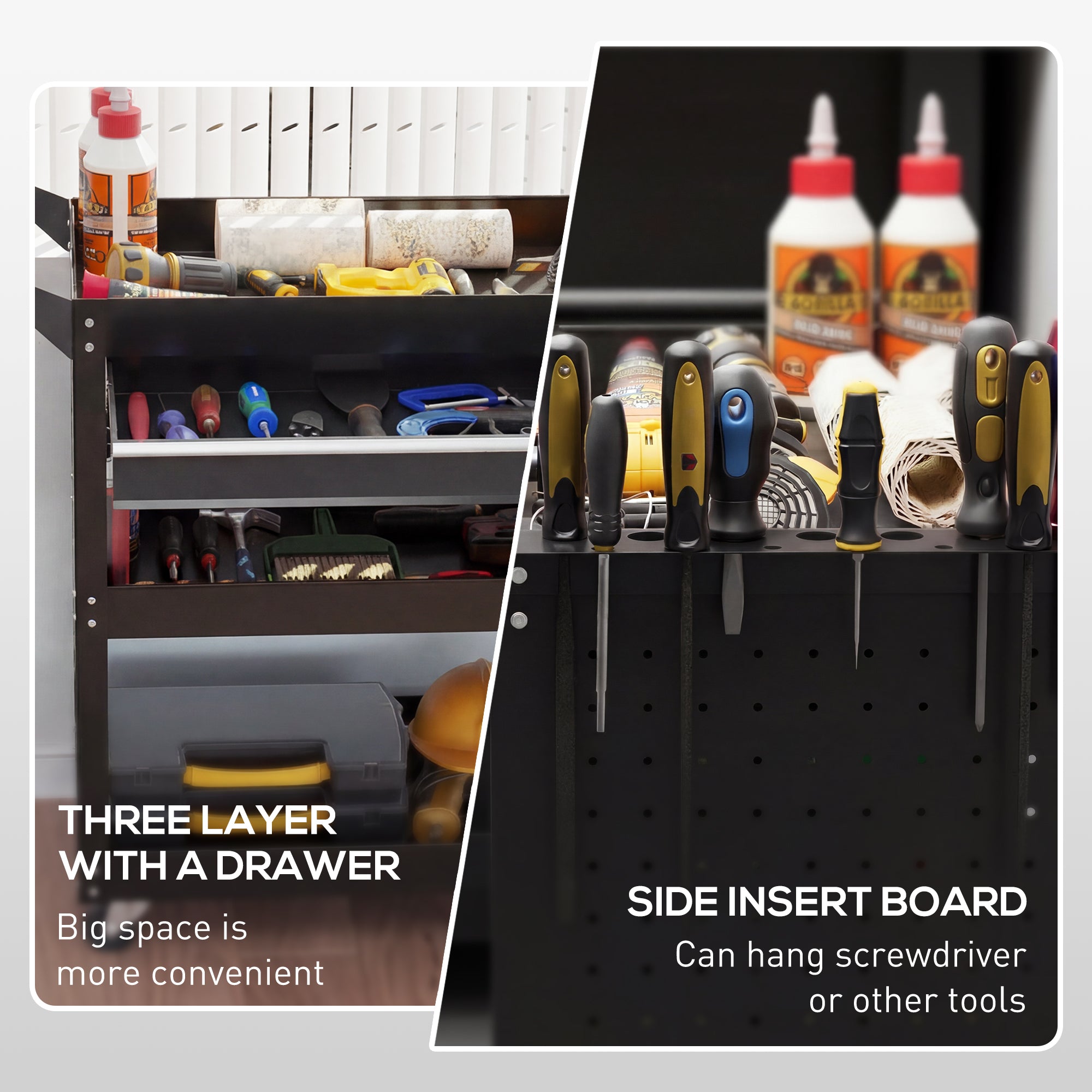 Aosom Rolling Steel Tool Cart - 3-Tier Utility Cart with Drawer Black-Home Improvement > Tools > Tool Organizers-DECOROLALA