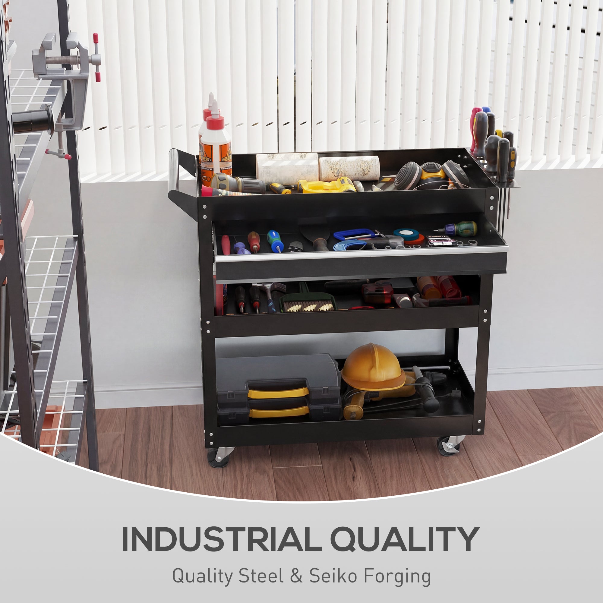 Aosom Rolling Steel Tool Cart - 3-Tier Utility Cart with Drawer Black-Home Improvement > Tools > Tool Organizers-DECOROLALA
