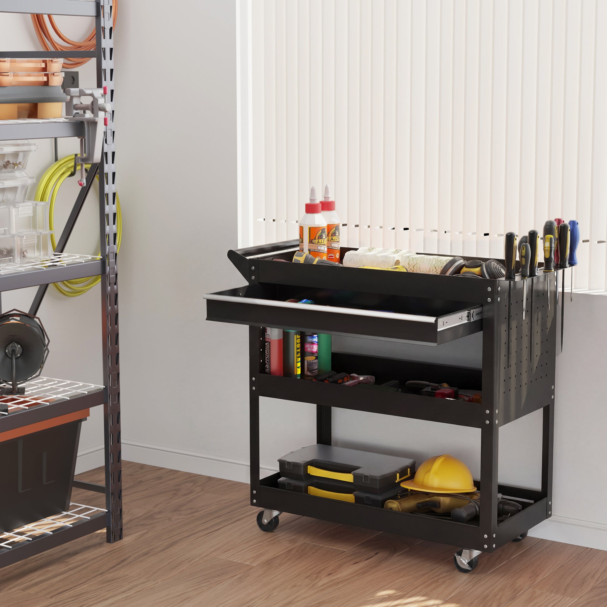 Aosom Rolling Steel Tool Cart - 3-Tier Utility Cart with Drawer Black-Home Improvement > Tools > Tool Organizers-DECOROLALA