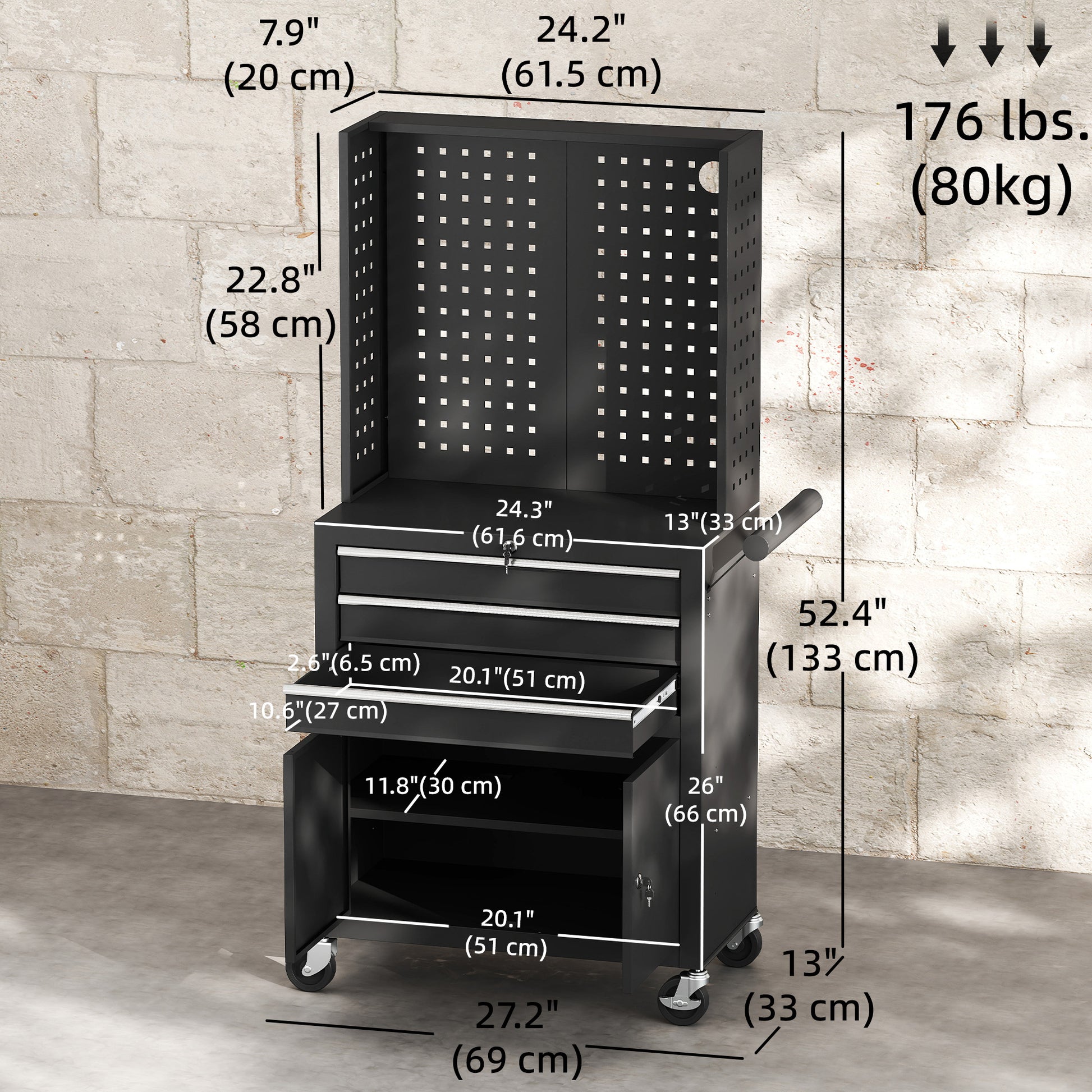 Aosom Rolling Tool Cabinet with Pegboard and 3 Drawers - Black-Home Improvement > Tools > Tool Organizers-DECOROLALA