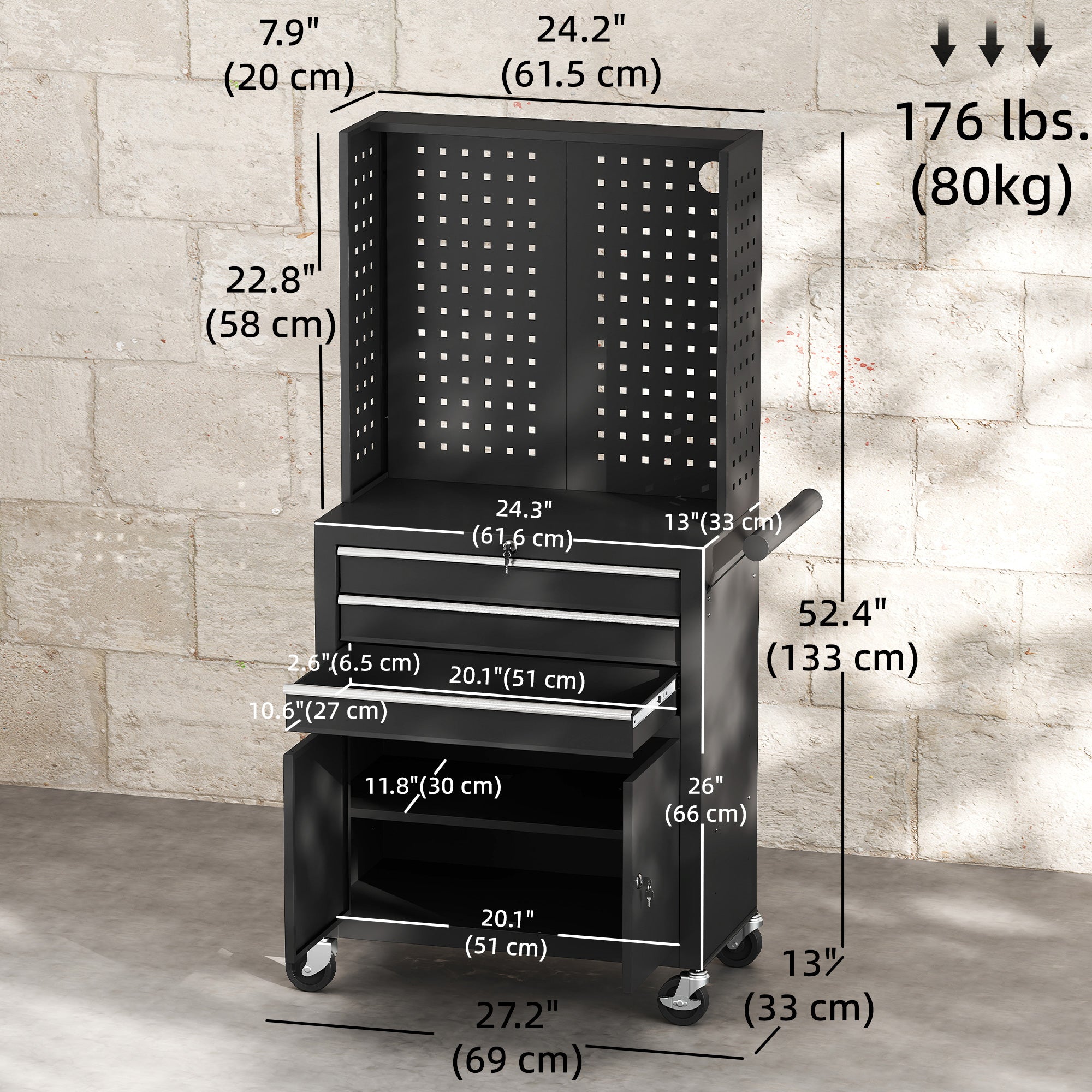 Aosom Rolling Tool Cabinet with Pegboard and 3 Drawers - Black-Home Improvement > Tools > Tool Organizers-DECOROLALA