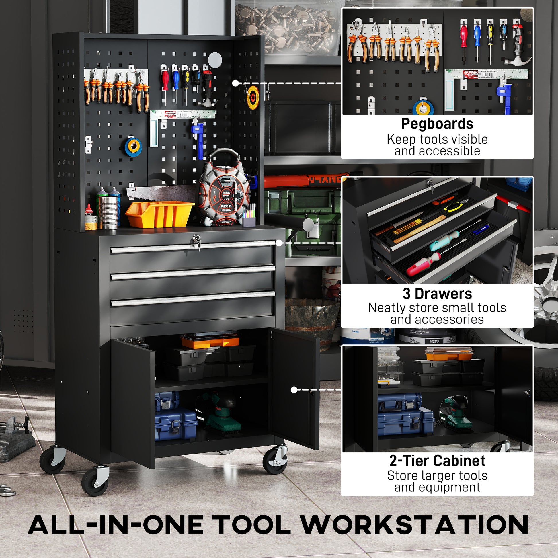 Aosom Rolling Tool Cabinet with Pegboard and 3 Drawers - Black-Home Improvement > Tools > Tool Organizers-DECOROLALA