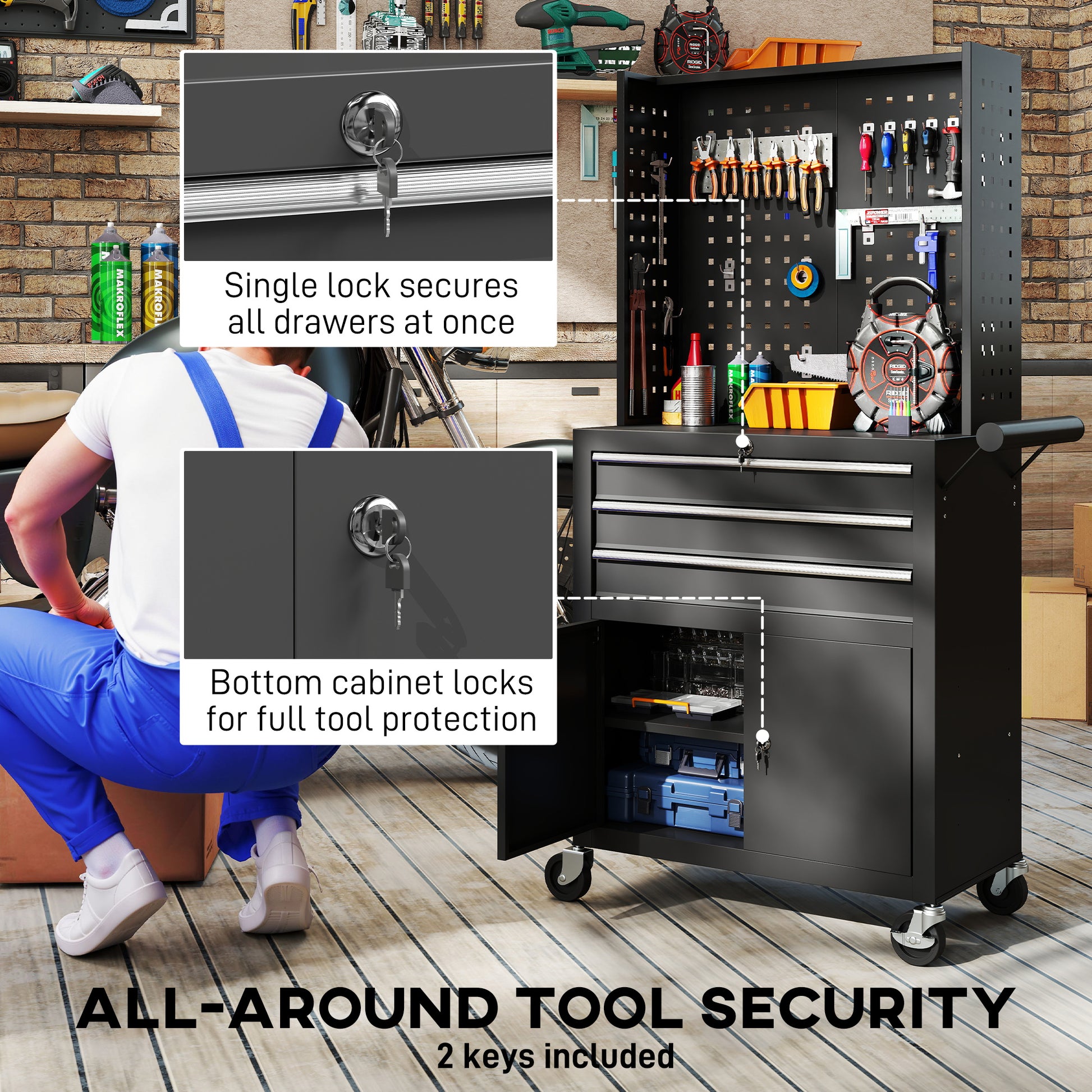 Aosom Rolling Tool Cabinet with Pegboard and 3 Drawers - Black-Home Improvement > Tools > Tool Organizers-DECOROLALA