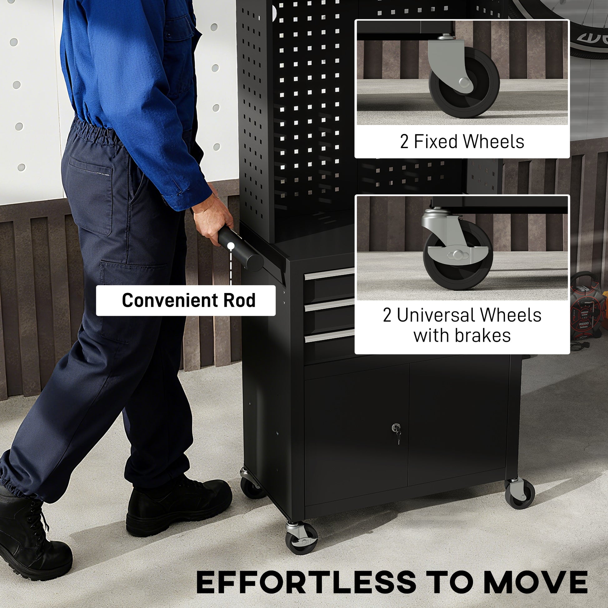 Aosom Rolling Tool Cabinet with Pegboard and 3 Drawers - Black-Home Improvement > Tools > Tool Organizers-DECOROLALA